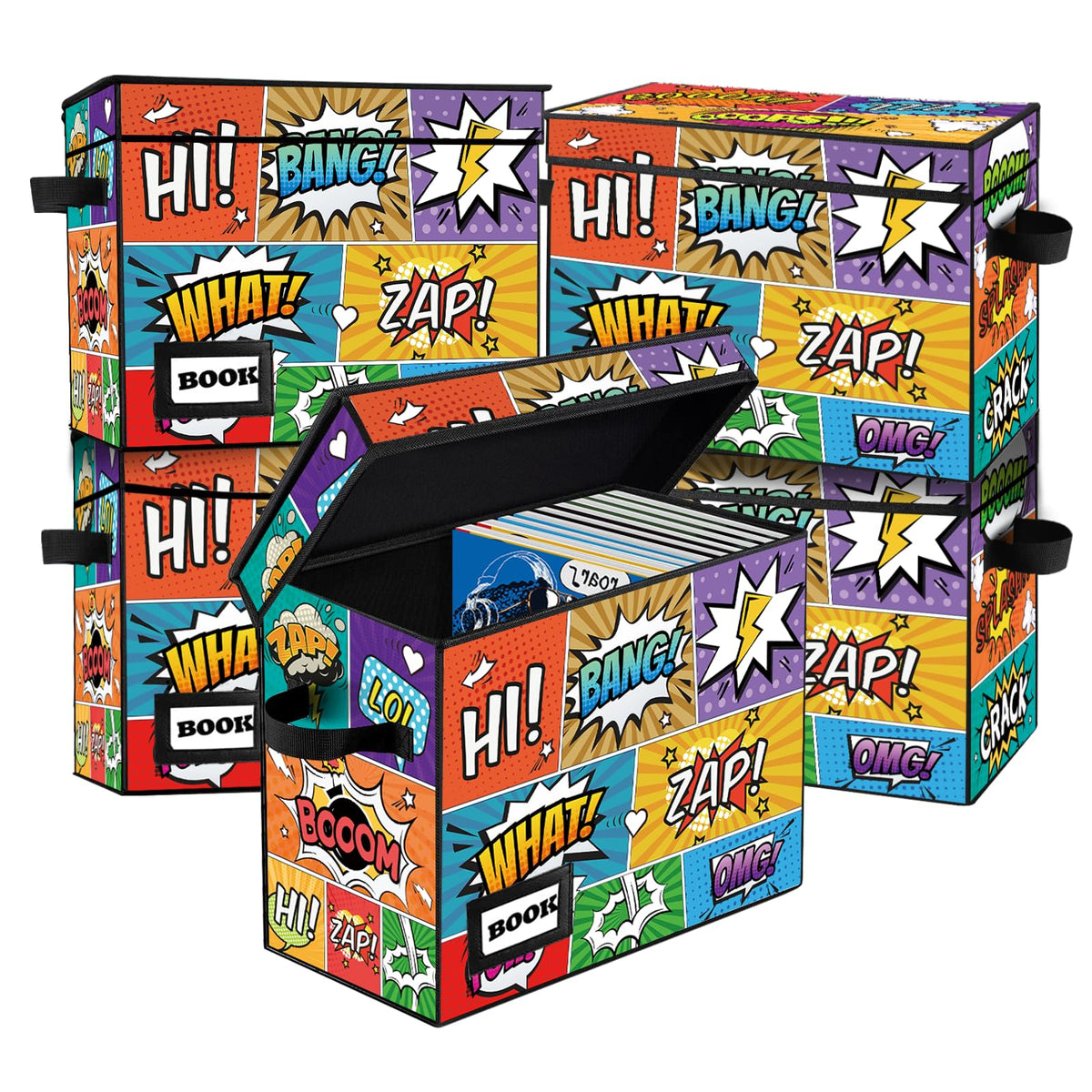 Comic Book Storage Box, 15.8" X 7.8" X 11.8", Heavy Duty Collapsible Holds 160-180 Comic Book Bin Container Holder Shelf (Cartoon Bombs)