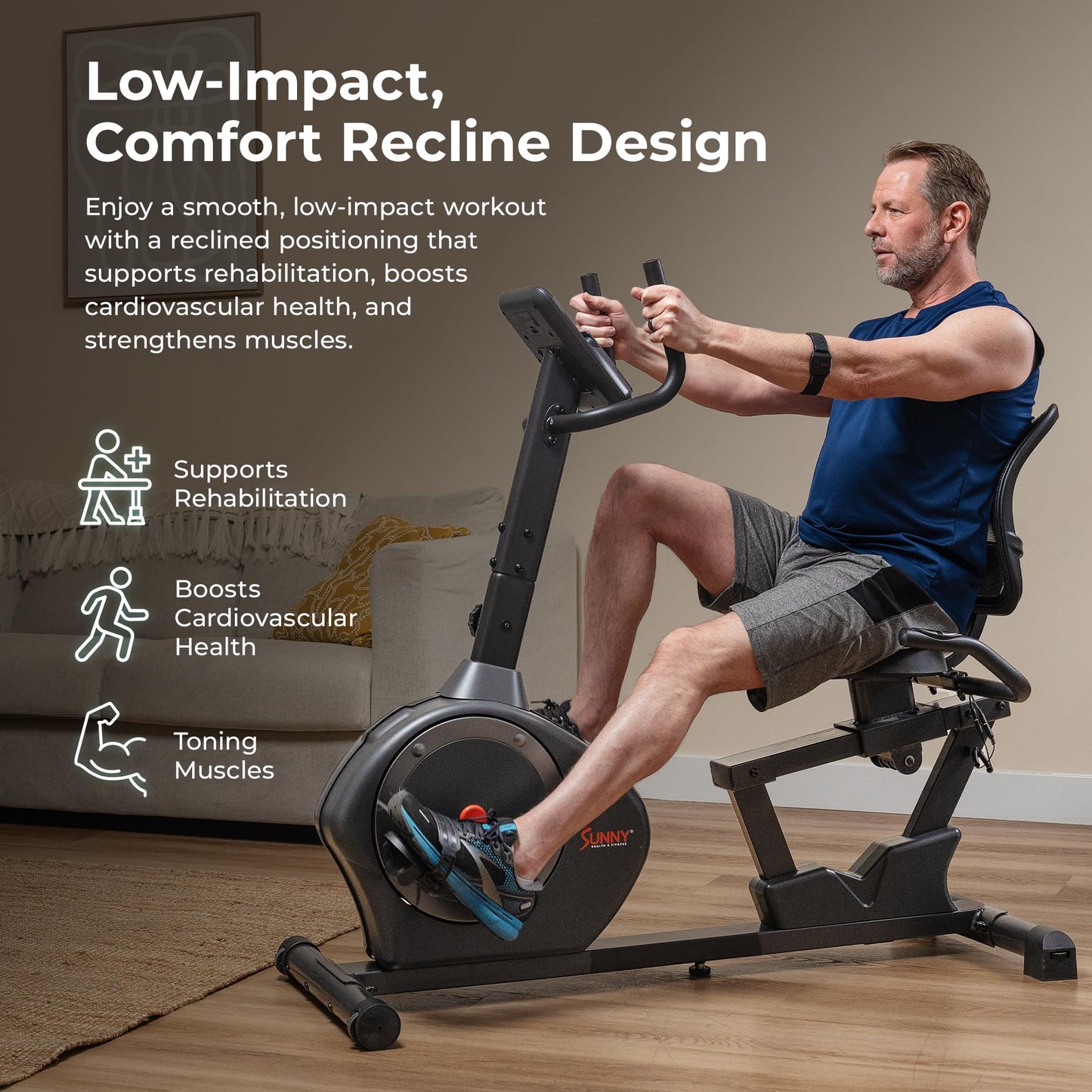Sunny Health & Fitness Smart Recumbent Bike, Wide Cushioned Seat & Back, Indoor Cycling Machine for Adult/Seniors Home Exercise, Free SunnyFit App Connection