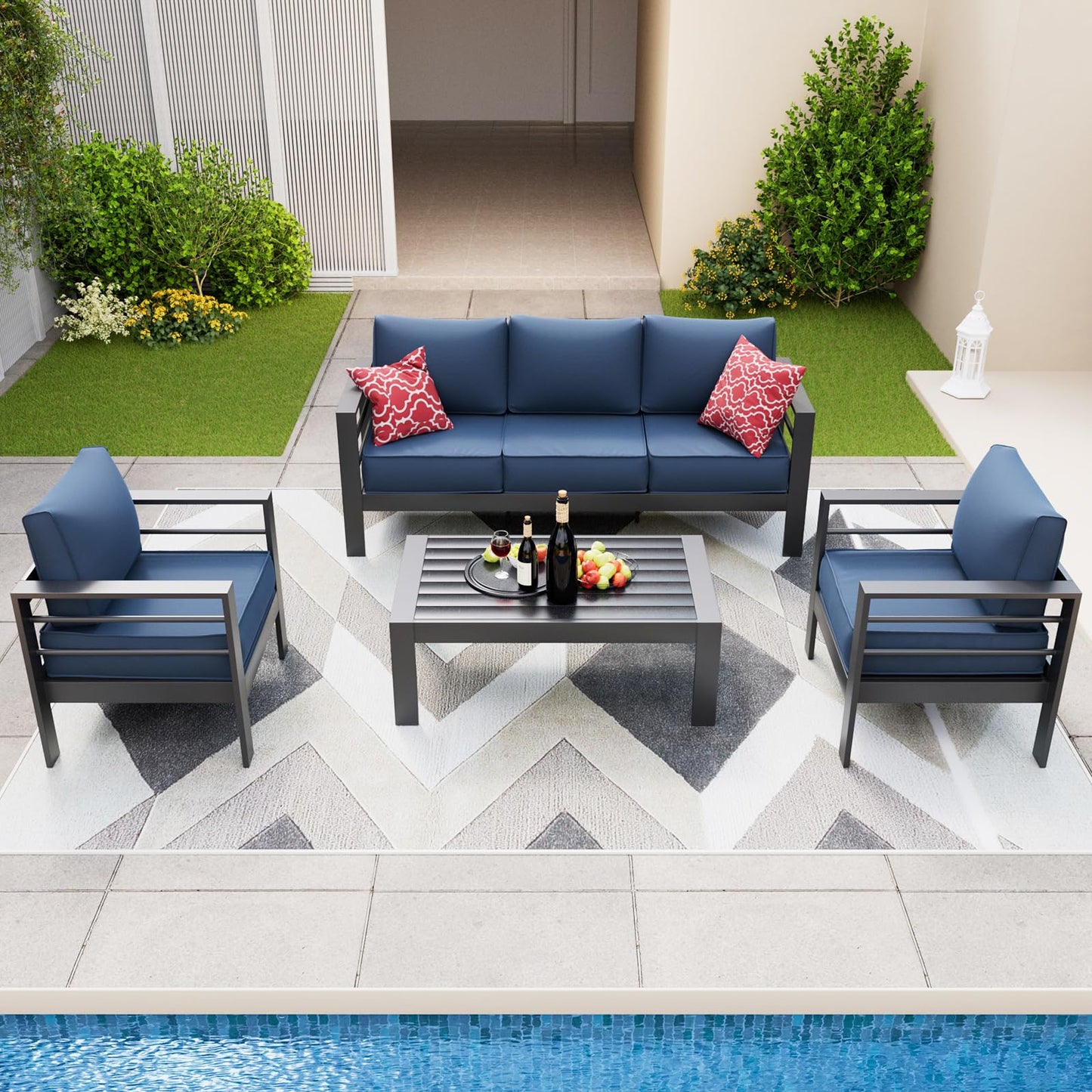 Amopatio Aluminum Patio Furniture Set, 6 Pieces Modern Outdoor Furniture | Outdoor Sectional with Coffee Table, Included Waterproof Covers, for Balcony, Garden, White&Blue