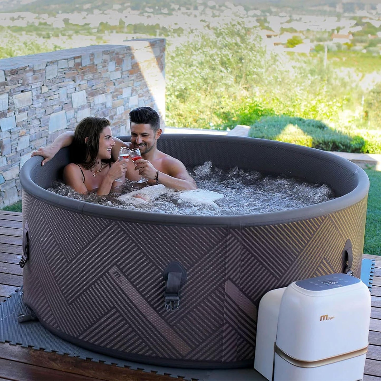 MSpa 6-Person Inflatable Hot Tub, Round Bubble Massage Spa, Champagne Gold | 138 Air Jets, Heats to 104F, 2200W PTC Heater, Drop-Stitch Walls, WiFi App Control, Auto-Filtration, All-in-One Control Box