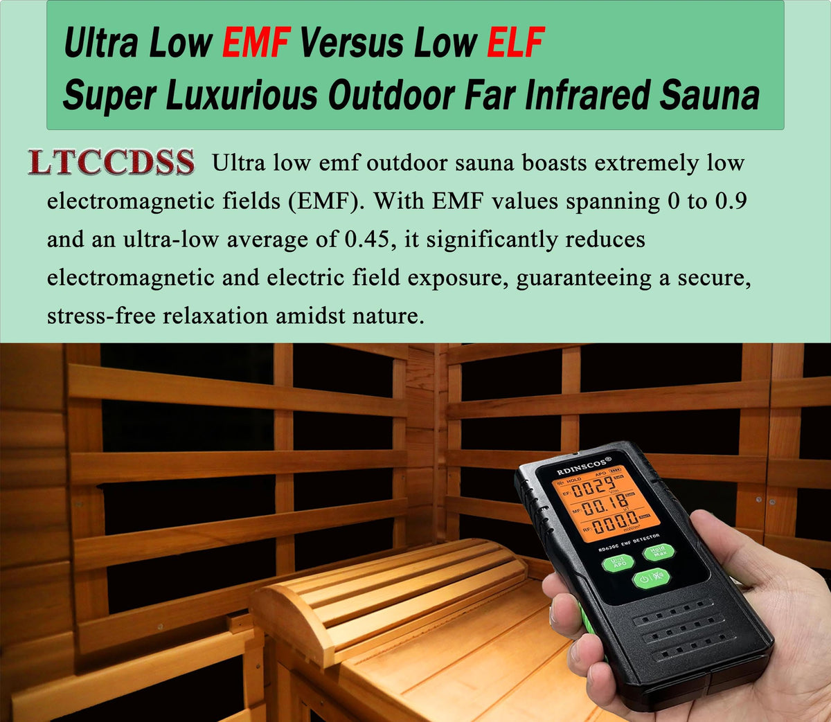 LTCCDSS Ultra-Low EMF Outdoor Infrared Sauna 2 Person, Composite Wood Far Infrared Sauna for Home, EMF 0.1-1mG, Bluetooth & Chromotherapy