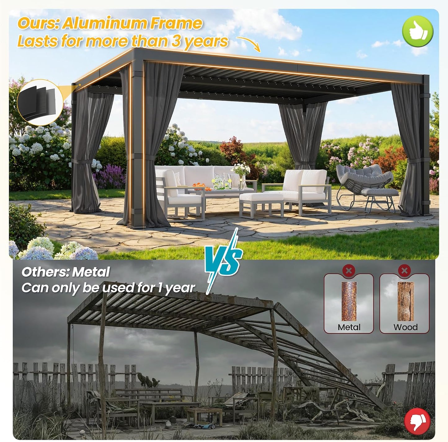12' x 16' Pergola with Curtain & Adjustable Roof & Aluminum Frame for Patio | Louvered Pergola, Patio Pergola with Netting & Gutter System, Outdoor Pergola, Hardtop Gazebo for Deck, Yard, Dark Gray