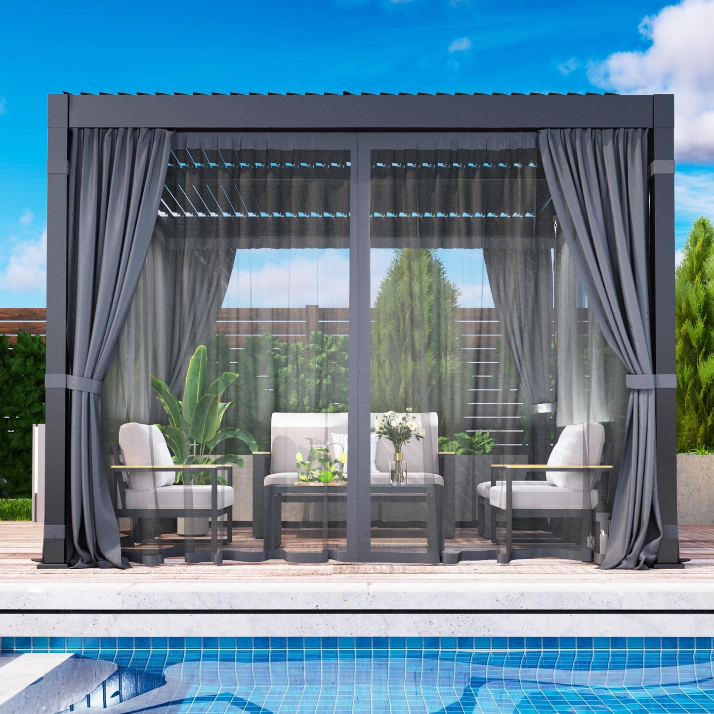 12' x 16' Pergola with Curtain & Adjustable Roof & Aluminum Frame for Patio | Louvered Pergola, Patio Pergola with Netting & Gutter System, Outdoor Pergola, Hardtop Gazebo for Deck, Yard, Dark Gray