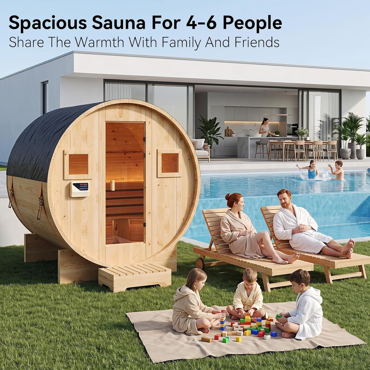 Outdoor Barrel Sauna, 4-6 Person Tradition Wood Dry＆Steam Sauna with Sauna Stone, 220V/6KW Electric Heater with Sauna Stone, Sauna Accessories, Waterproof Tarpaulin
