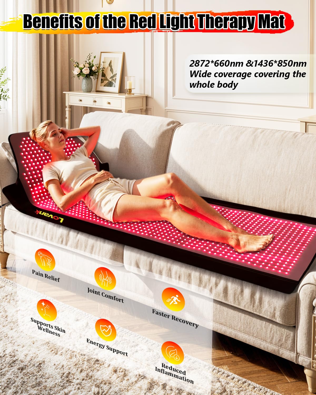 Red Light Therapy Mat Full Body 83" x 33", 2710 LEDs, 660&850nm | Easy-Clean TPU, 3 Light Modes, 5 Intensity Levels, Skin-Friendly for Everyday Home Use