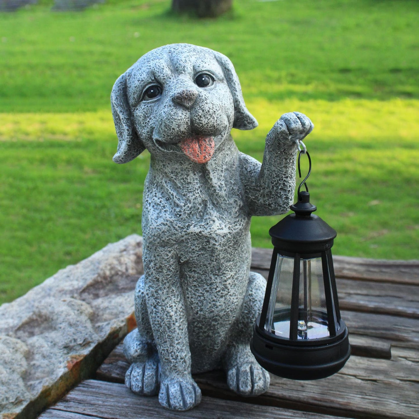 Solar Frog Garden Statue, Resin Figurine with Ladybug & Hanging Solar Lantern Outdoor Decor