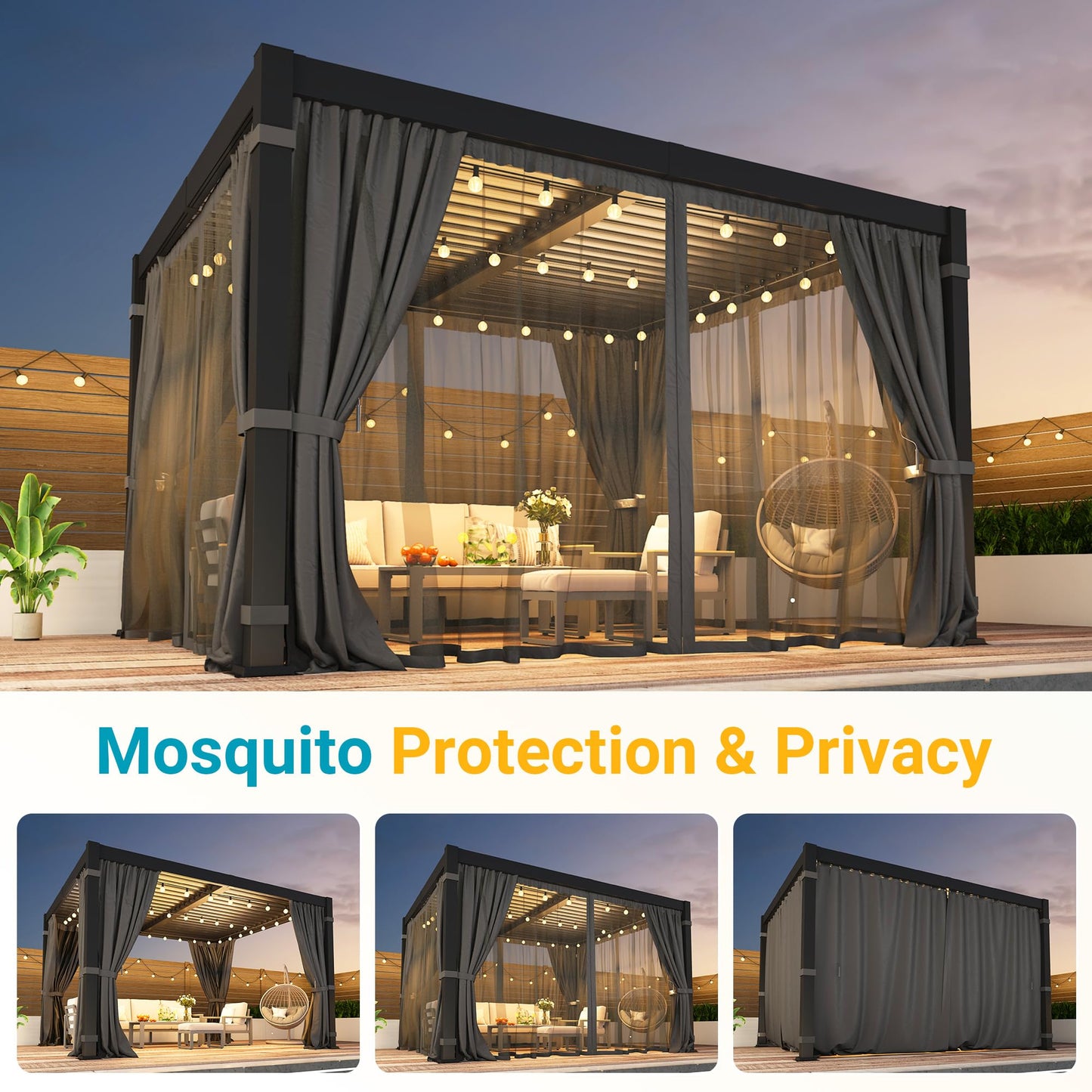12' x 16' Pergola with Curtain & Adjustable Roof & Aluminum Frame for Patio | Louvered Pergola, Patio Pergola with Netting & Gutter System, Outdoor Pergola, Hardtop Gazebo for Deck, Yard, Dark Gray