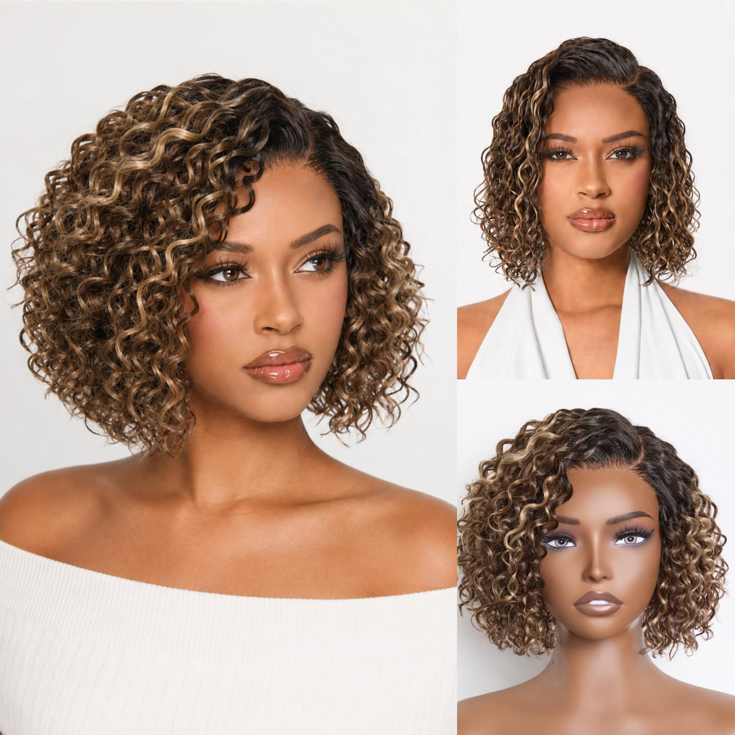 LUVME HAIR 12" Curly Bob Glueless with Blonde Highlights Wigs Human Hair | Without Spray Wigs Pre Plucked Pre Cut Undetectable HD Lace No-Glue Need Protective Wig Short Ready to Go Wig 180 Density