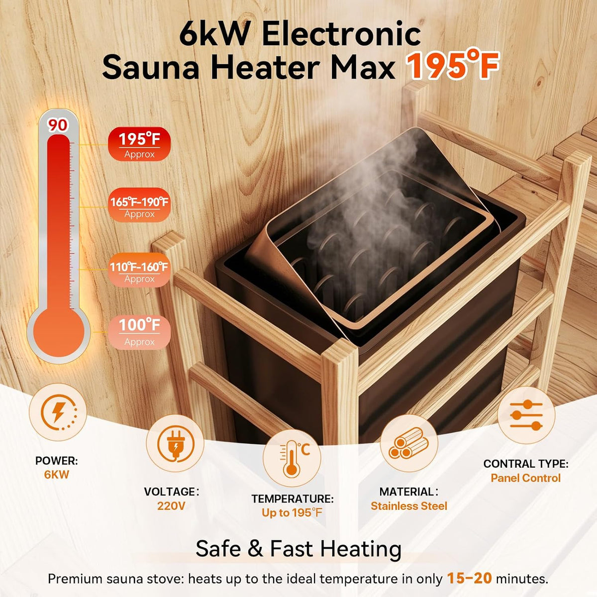 Outdoor Barrel Sauna, 4-6 Person Tradition Wood Dry＆Steam Sauna with Sauna Stone, 220V/6KW Electric Heater with Sauna Stone, Sauna Accessories, Waterproof Tarpaulin