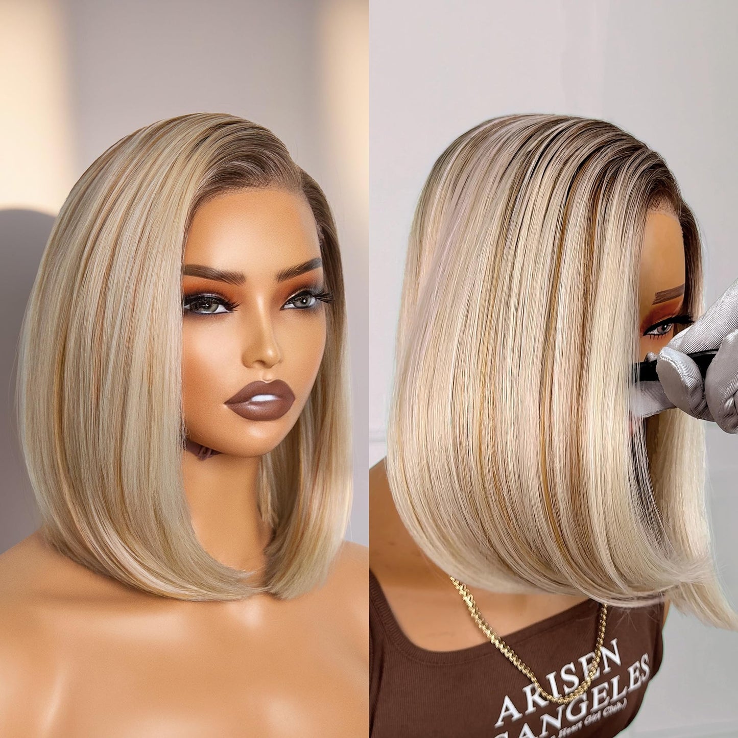 GORGIUS Blonde Bob Wig with Highlights Glueless Straight Short Synthetic Lace Front Wigs For Women Pre Cut Pre Plucked Side Part Hairline 12 Inch