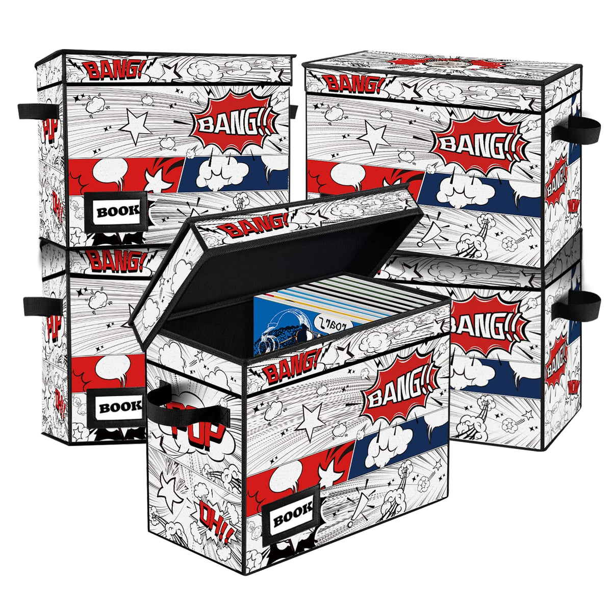 Comic Book Storage Box, 15.8" X 7.8" X 11.8", Heavy Duty Collapsible Holds 160-180 Comic Book Bin Container Holder Shelf (Cartoon Bombs)