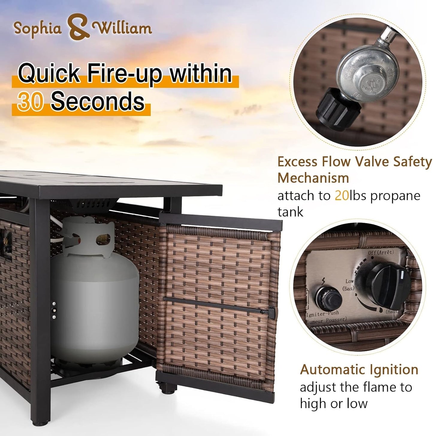 Sophia & William 56 Inch Gas Fire Pit Table,Rectangular Propane Fireplace | Outdoor Rattan Propane Fire Table with Fire Glass, Lid, 50,000 BTU Firepits for Outside Patio