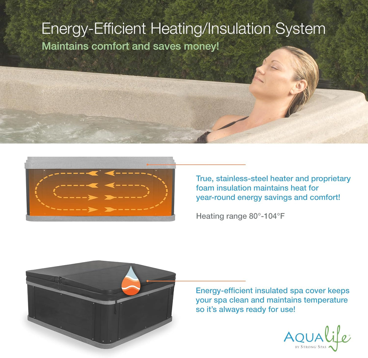 Ariana Outdoor Hot Tub, 6 Person Therapeutic Spa, 30 Jets, Underwater LED Lighting System, Insulated Spa Cover, Aqualife by Strong Spas