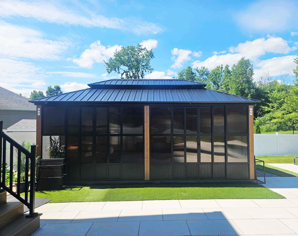 PURPLE LEAF Sunroom 12' x 14' Solarium Double Roof Gazebo, Sliding Doors