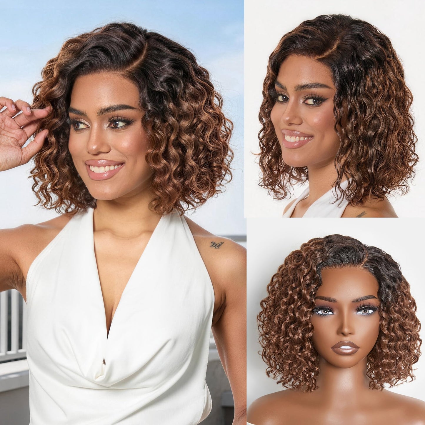 LUVME HAIR 12" Curly Bob Glueless with Blonde Highlights Wigs Human Hair | Without Spray Wigs Pre Plucked Pre Cut Undetectable HD Lace No-Glue Need Protective Wig Short Ready to Go Wig 180 Density