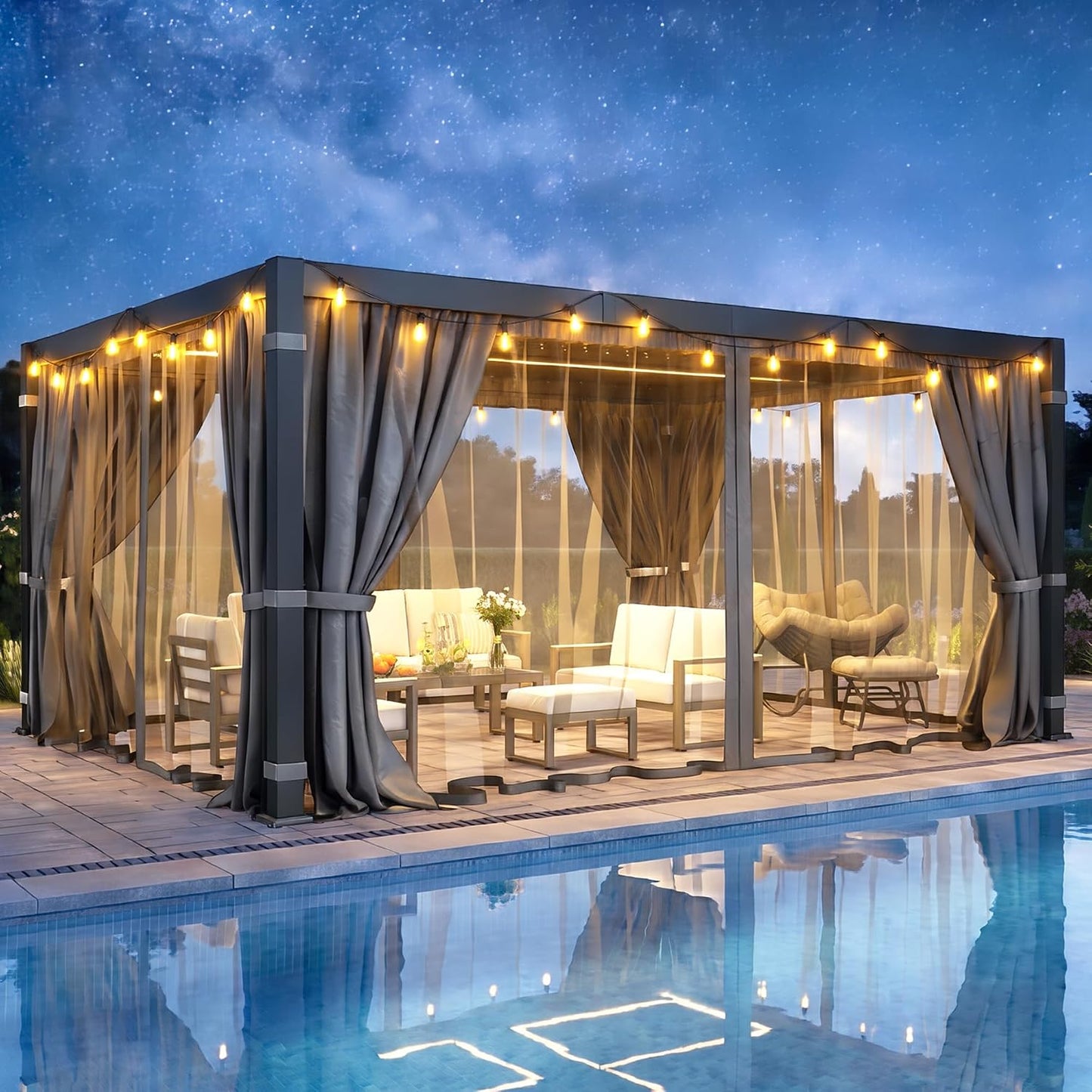 12' x 16' Pergola with Curtain & Adjustable Roof & Aluminum Frame for Patio | Louvered Pergola, Patio Pergola with Netting & Gutter System, Outdoor Pergola, Hardtop Gazebo for Deck, Yard, Dark Gray