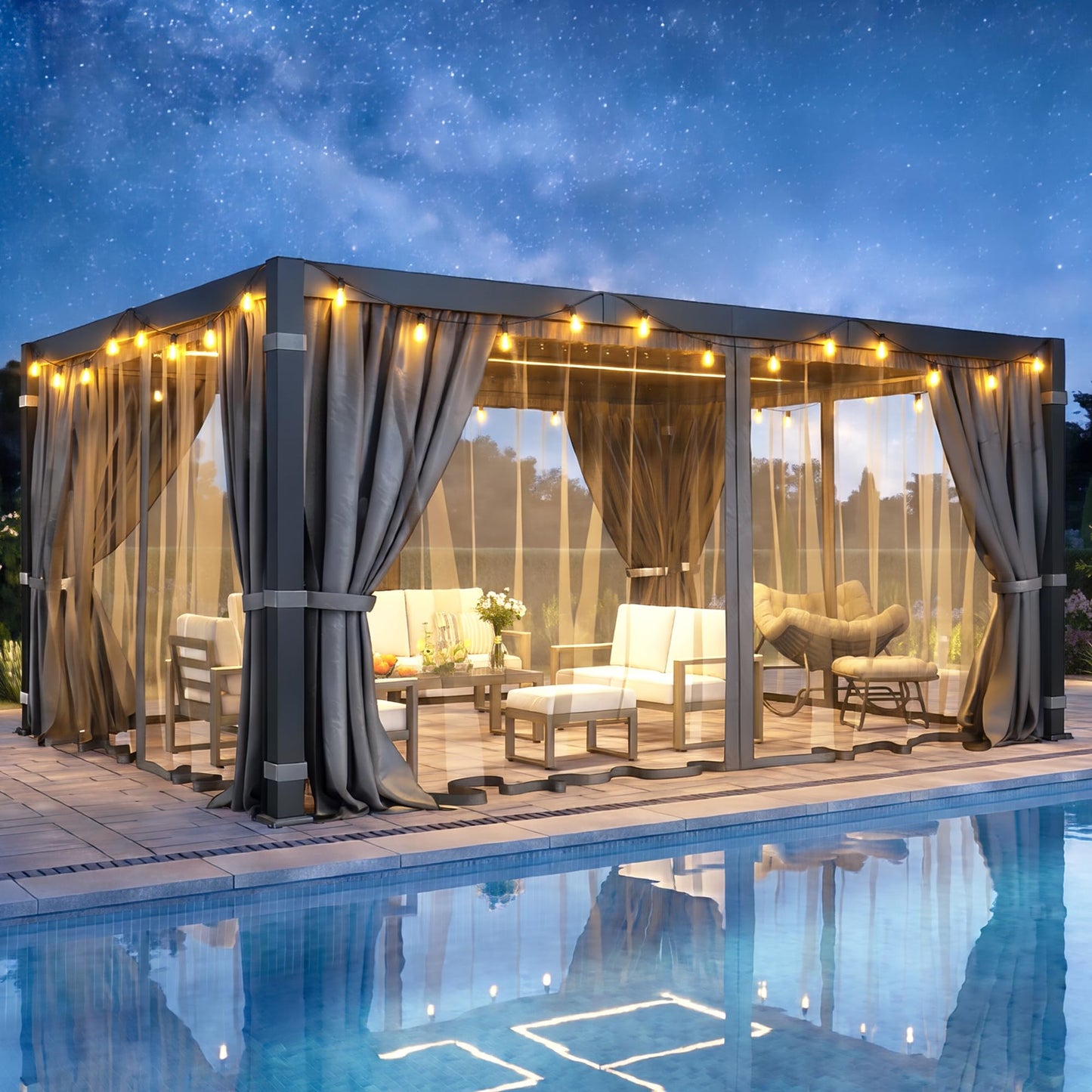 12' x 16' Pergola with Curtain & Adjustable Roof & Aluminum Frame for Patio | Louvered Pergola, Patio Pergola with Netting & Gutter System, Outdoor Pergola, Hardtop Gazebo for Deck, Yard, Dark Gray