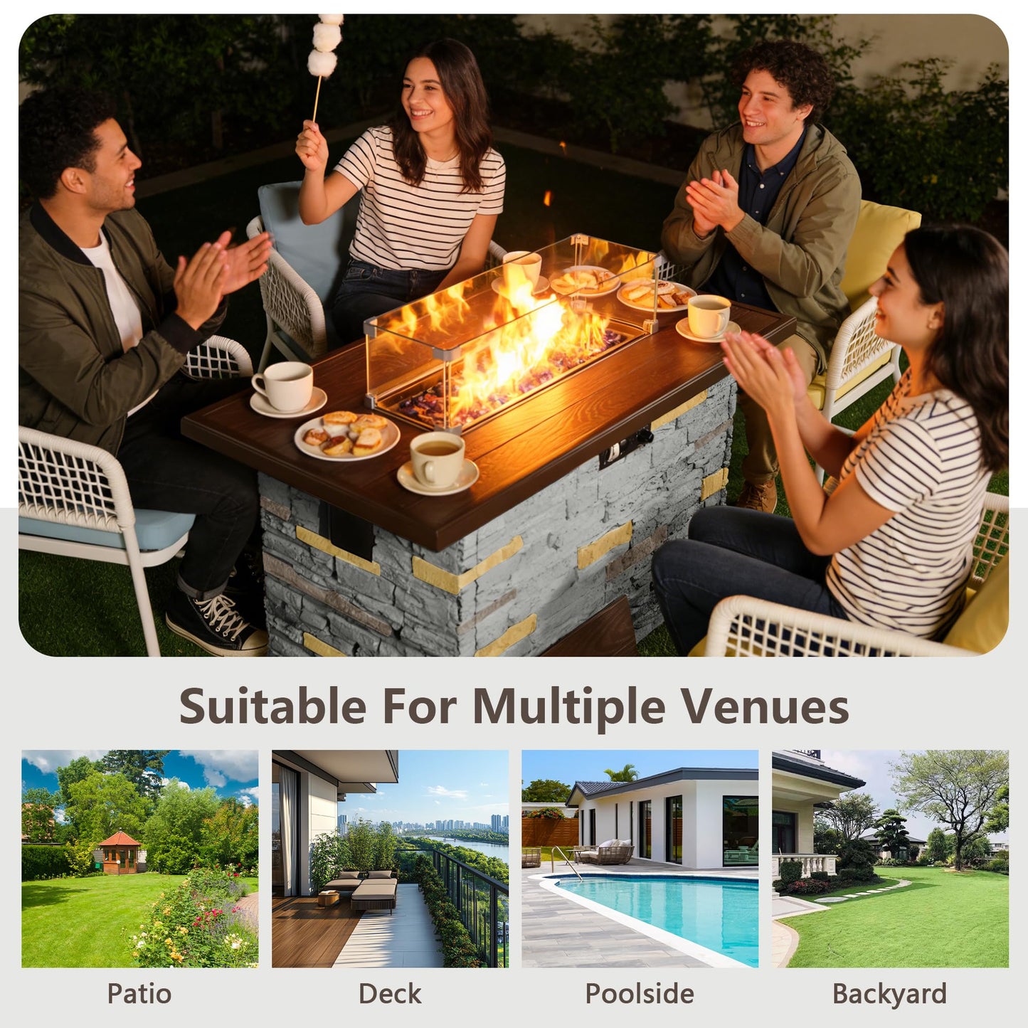 43 Inch Outdoor Firepit Table 50,000 BTU Propane Gas Fire Pit | Rectangle Stone Fire Table with Glass Wind Guard, Rain Cover, Fire Stones and Removable Lid, CSA Certified (Brown)