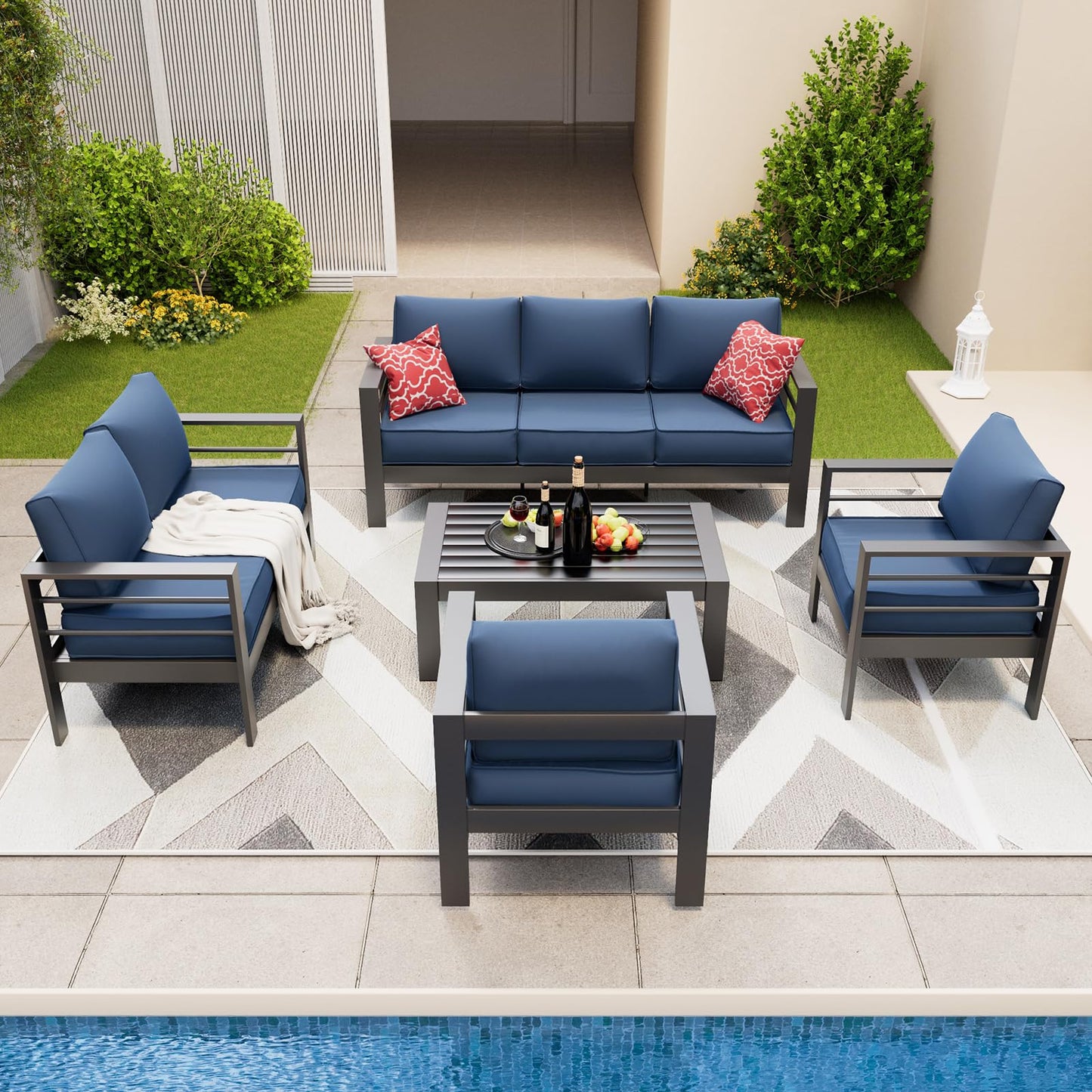 Amopatio Aluminum Patio Furniture Set, 6 Pieces Modern Outdoor Furniture | Outdoor Sectional with Coffee Table, Included Waterproof Covers, for Balcony, Garden, White&Blue