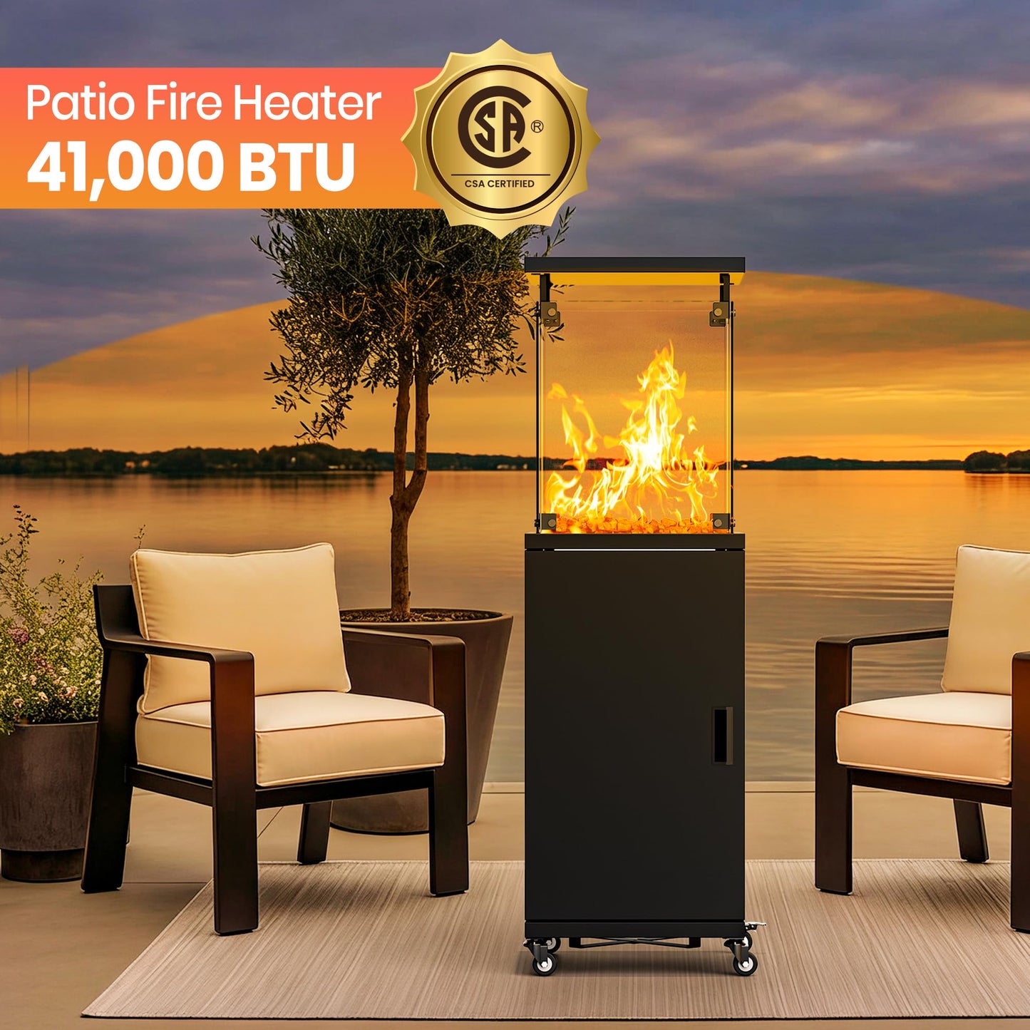 48,000 BTU Flame Pyramid Pool Heater With Cover, Triple Safety Protection Portable Patio Heater with Patio Cover, Warm Glass Tube with Durable Wheels-Black