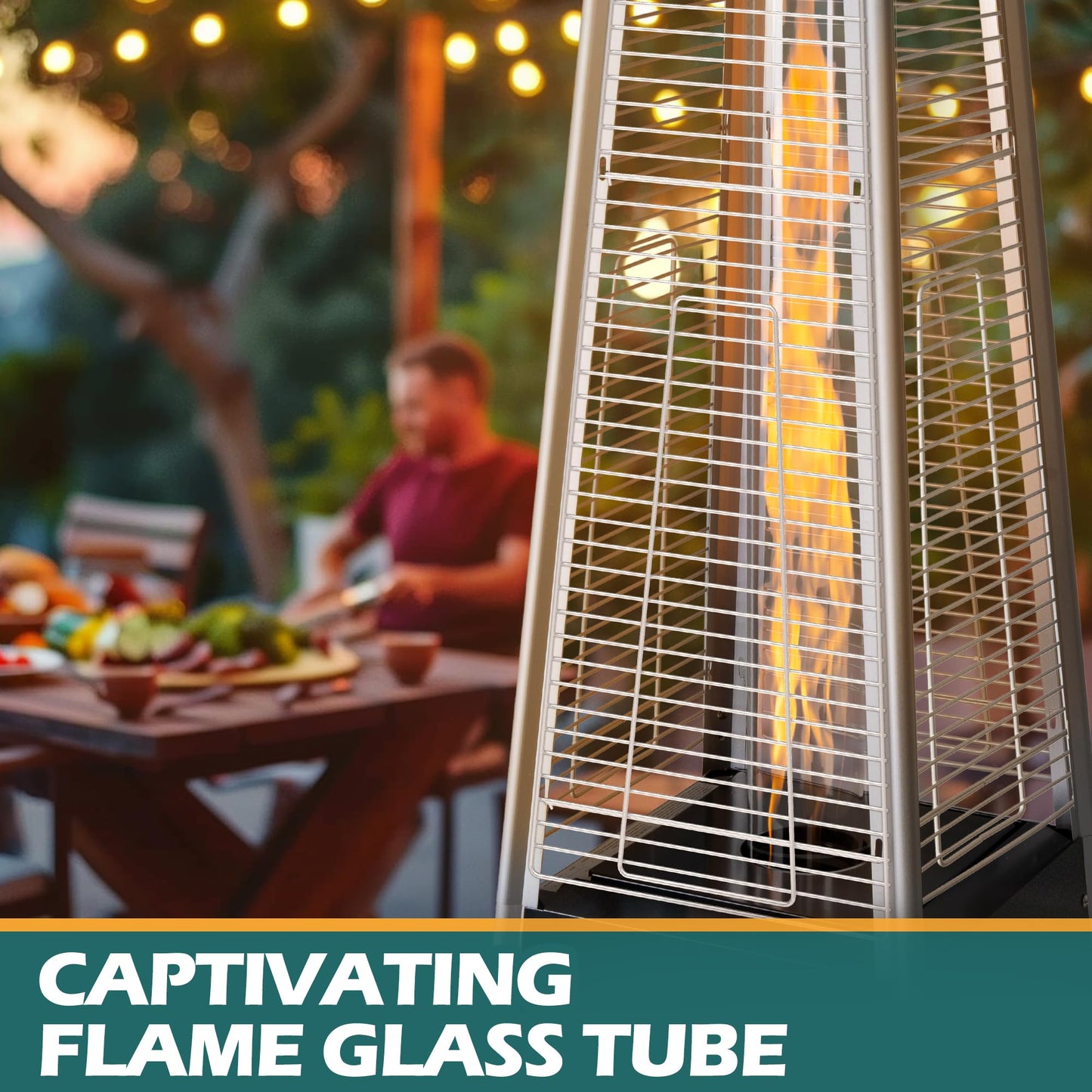 48,000 BTU Flame Pyramid Pool Heater With Cover, Triple Safety Protection Portable Patio Heater with Patio Cover, Warm Glass Tube with Durable Wheels-Black