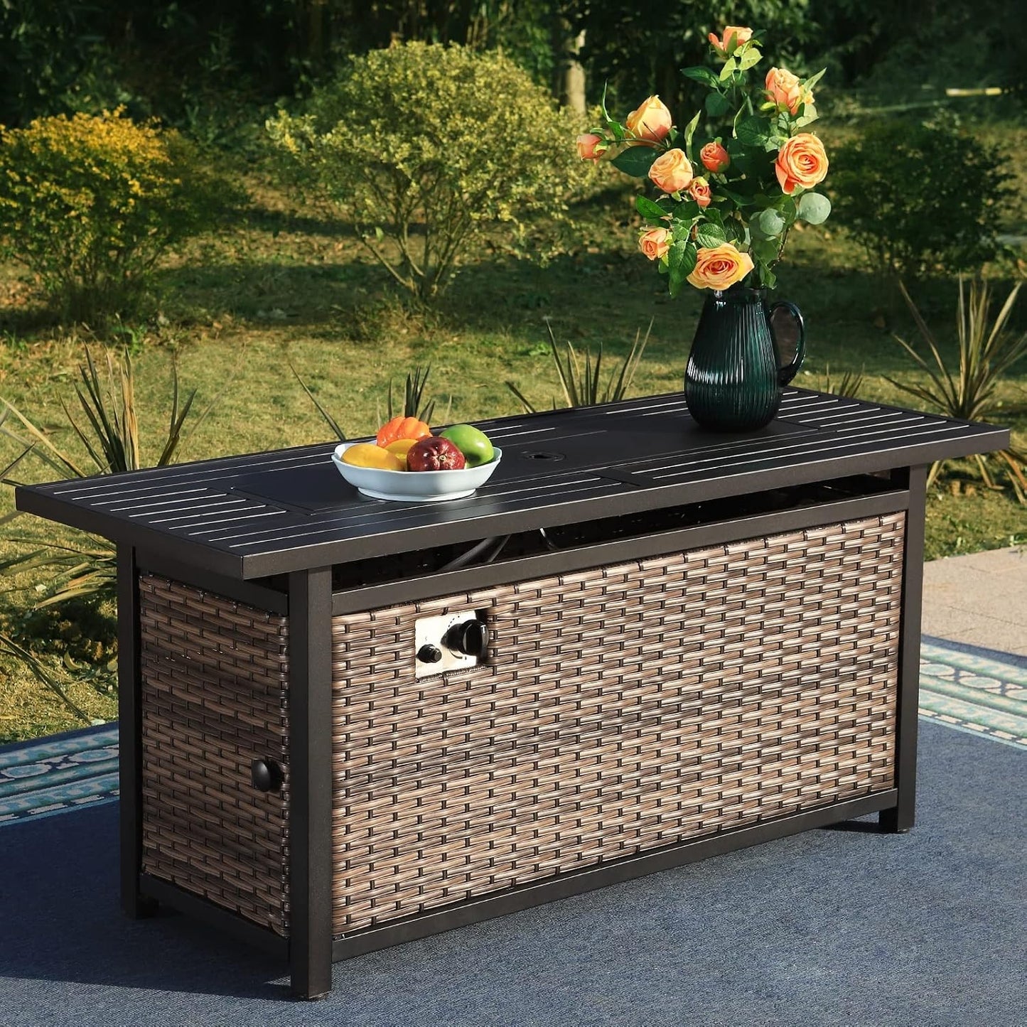 Sophia & William 56 Inch Gas Fire Pit Table,Rectangular Propane Fireplace | Outdoor Rattan Propane Fire Table with Fire Glass, Lid, 50,000 BTU Firepits for Outside Patio