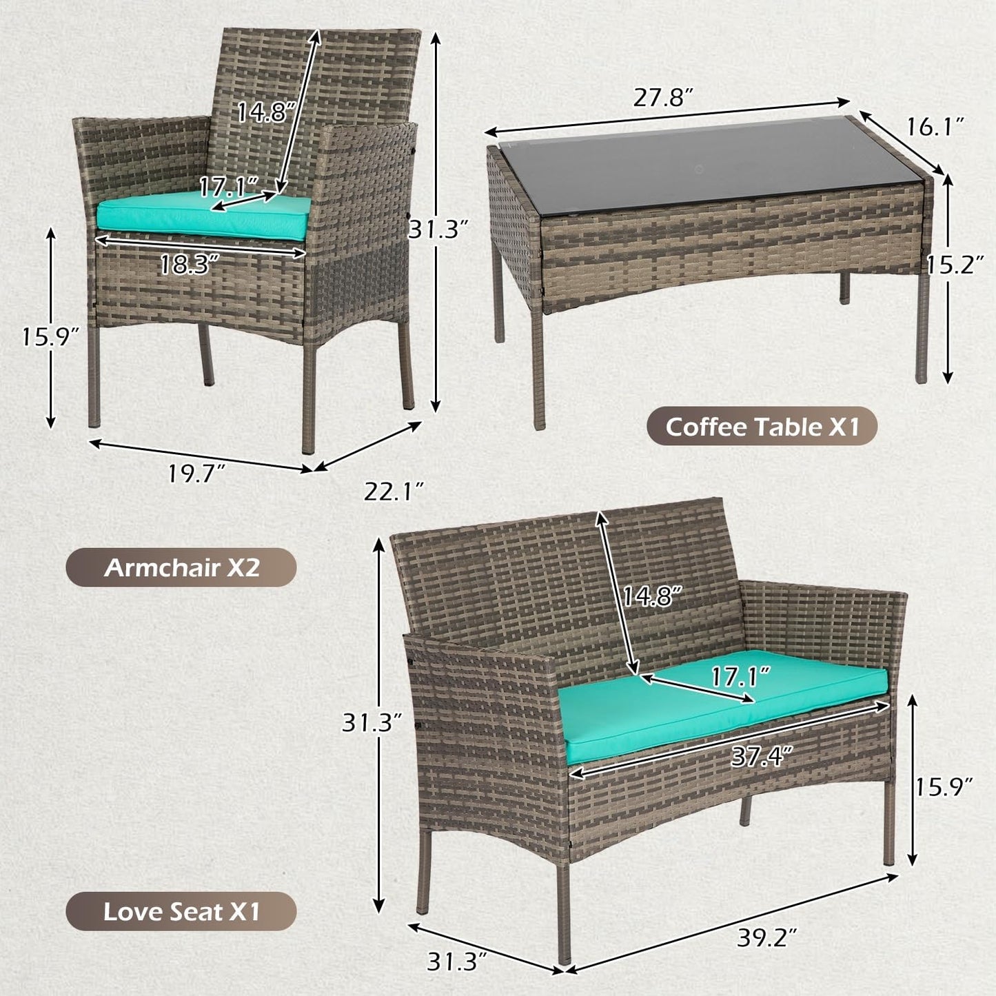 FDW 4-Piece Patio Furniture Set | Black | Outdoor Wicker Furniture | with Coffee Table | Modern Rattan Chairs Conversation Set | Outdoor Seating | Weather-Resistant | for Porch, Garden, Lawn