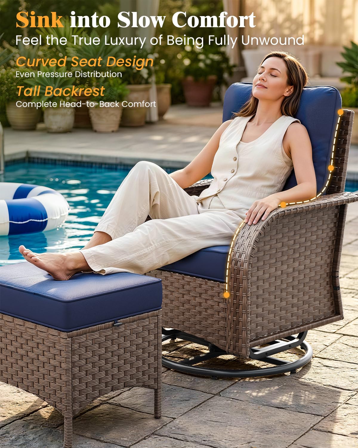 6 Pieces Outdoor Patio Furniture Set, Wicker Swivel Rocker Chairs Sets | Luxury Weather-Resistant High Back Outdoor Sectional Set for Large Deck Yard Poolside Brown Rattan Blue Cushions