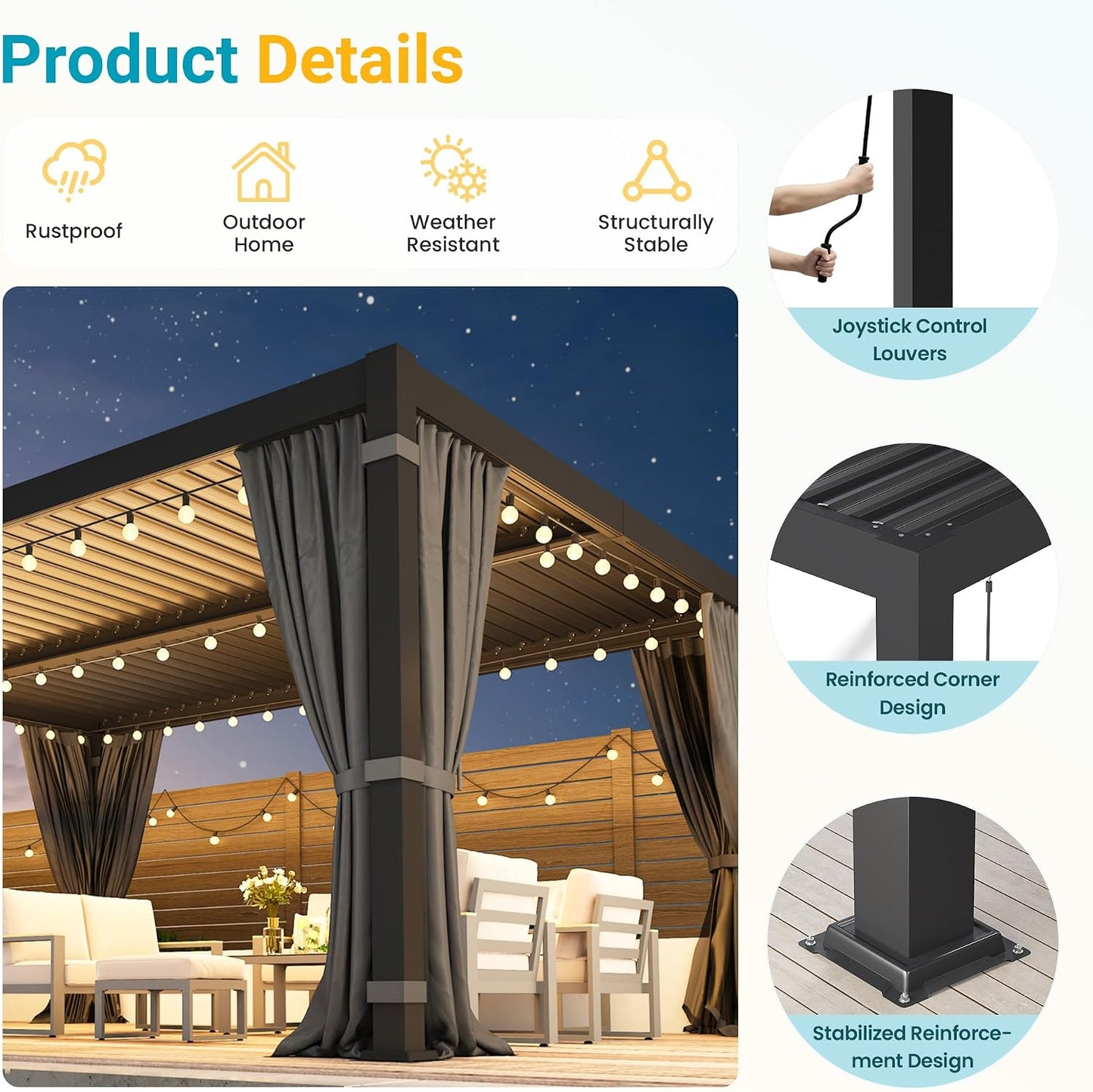 12' x 16' Pergola with Curtain & Adjustable Roof & Aluminum Frame for Patio | Louvered Pergola, Patio Pergola with Netting & Gutter System, Outdoor Pergola, Hardtop Gazebo for Deck, Yard, Dark Gray