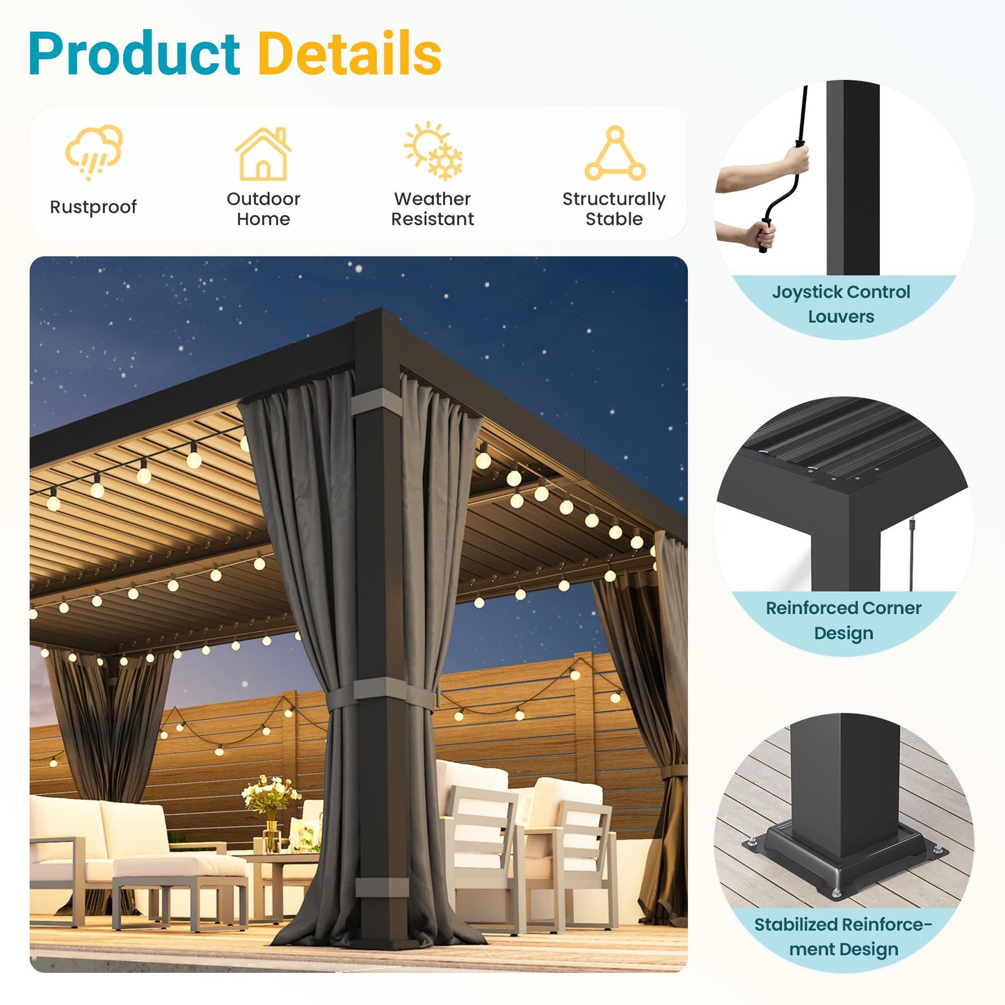 12' x 16' Pergola with Curtain & Adjustable Roof & Aluminum Frame for Patio | Louvered Pergola, Patio Pergola with Netting & Gutter System, Outdoor Pergola, Hardtop Gazebo for Deck, Yard, Dark Gray