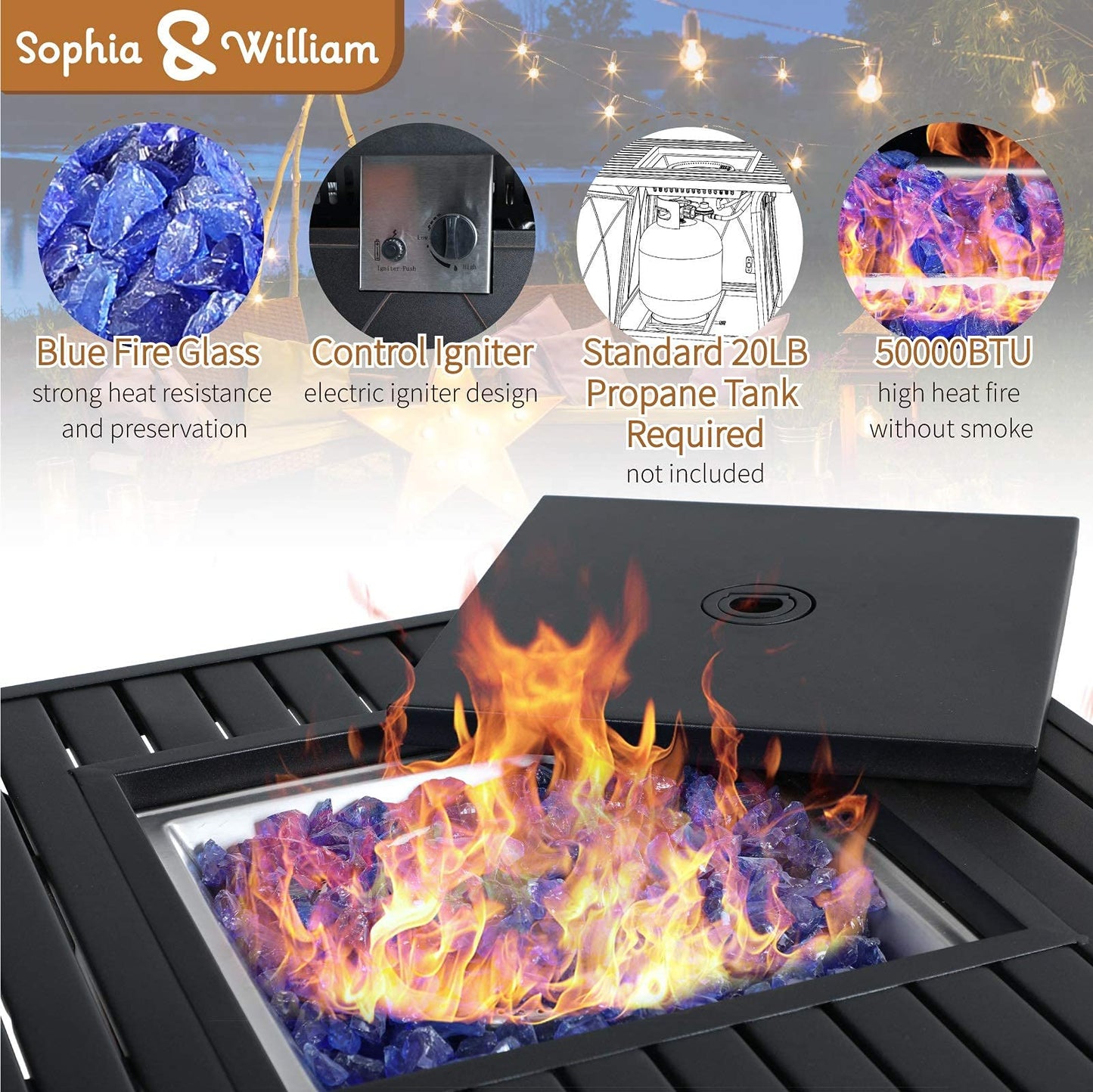 Sophia & William 56 Inch Gas Fire Pit Table,Rectangular Propane Fireplace | Outdoor Rattan Propane Fire Table with Fire Glass, Lid, 50,000 BTU Firepits for Outside Patio