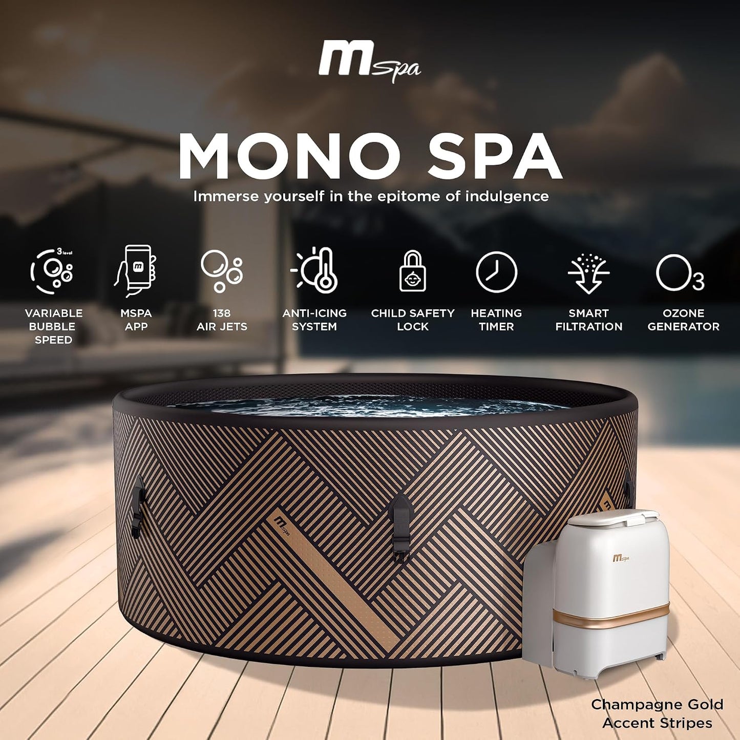 MSpa 6-Person Inflatable Hot Tub, Round Bubble Massage Spa, Champagne Gold | 138 Air Jets, Heats to 104F, 2200W PTC Heater, Drop-Stitch Walls, WiFi App Control, Auto-Filtration, All-in-One Control Box