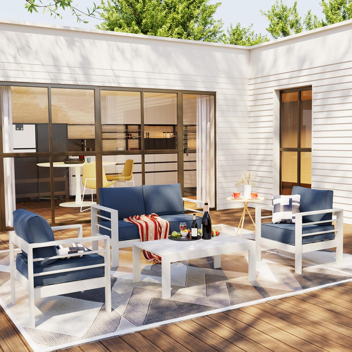Amopatio Aluminum Patio Furniture Set, 6 Pieces Modern Outdoor Furniture | Outdoor Sectional with Coffee Table, Included Waterproof Covers, for Balcony, Garden, White&Blue