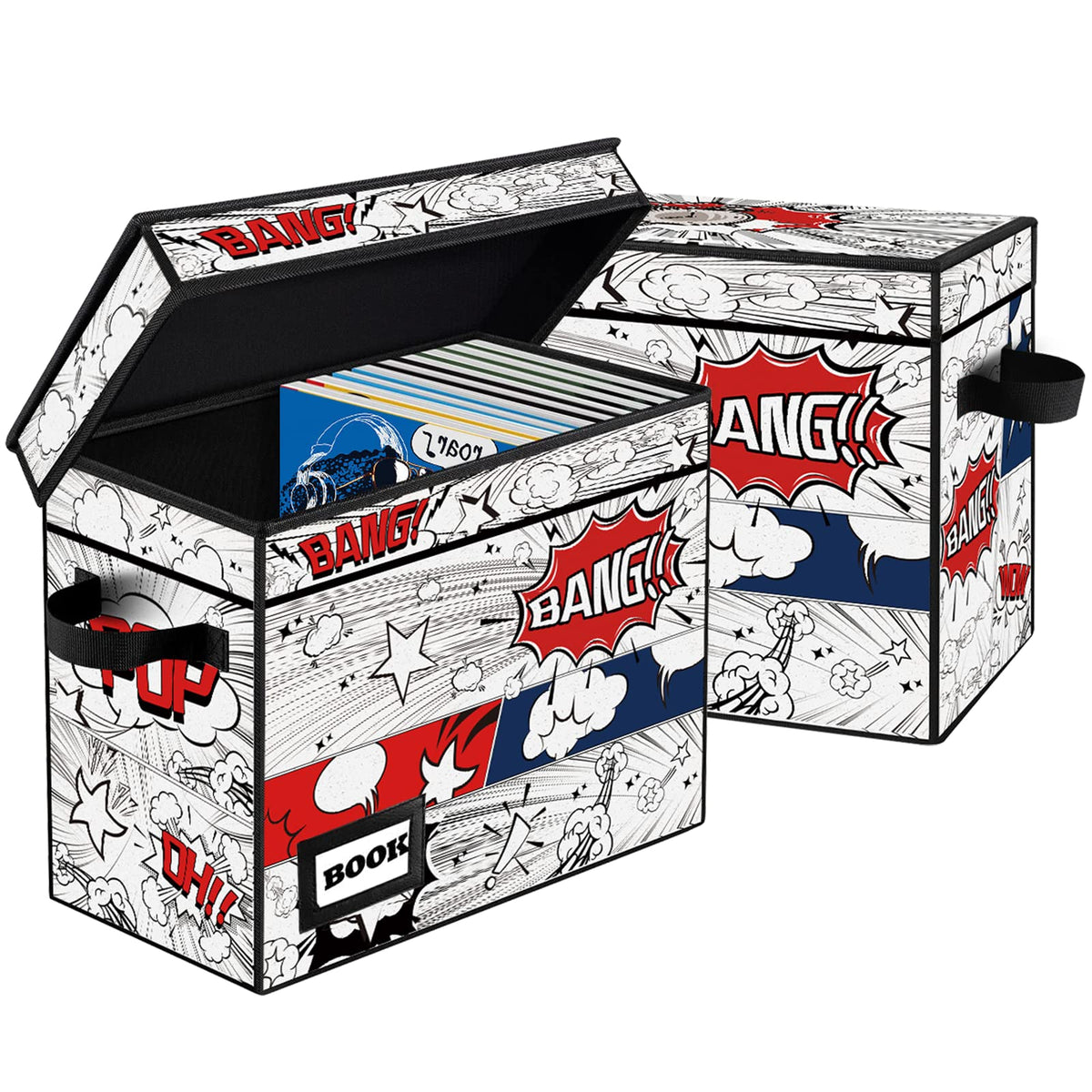 Comic Book Storage Box, 15.8" X 7.8" X 11.8", Heavy Duty Collapsible Holds 160-180 Comic Book Bin Container Holder Shelf (Cartoon Bombs)