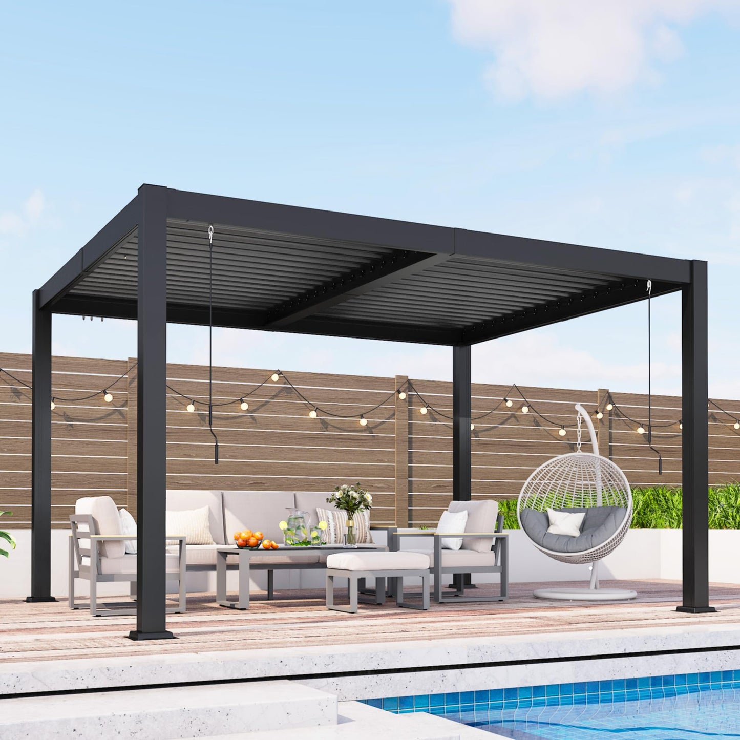 12' x 16' Pergola with Curtain & Adjustable Roof & Aluminum Frame for Patio | Louvered Pergola, Patio Pergola with Netting & Gutter System, Outdoor Pergola, Hardtop Gazebo for Deck, Yard, Dark Gray