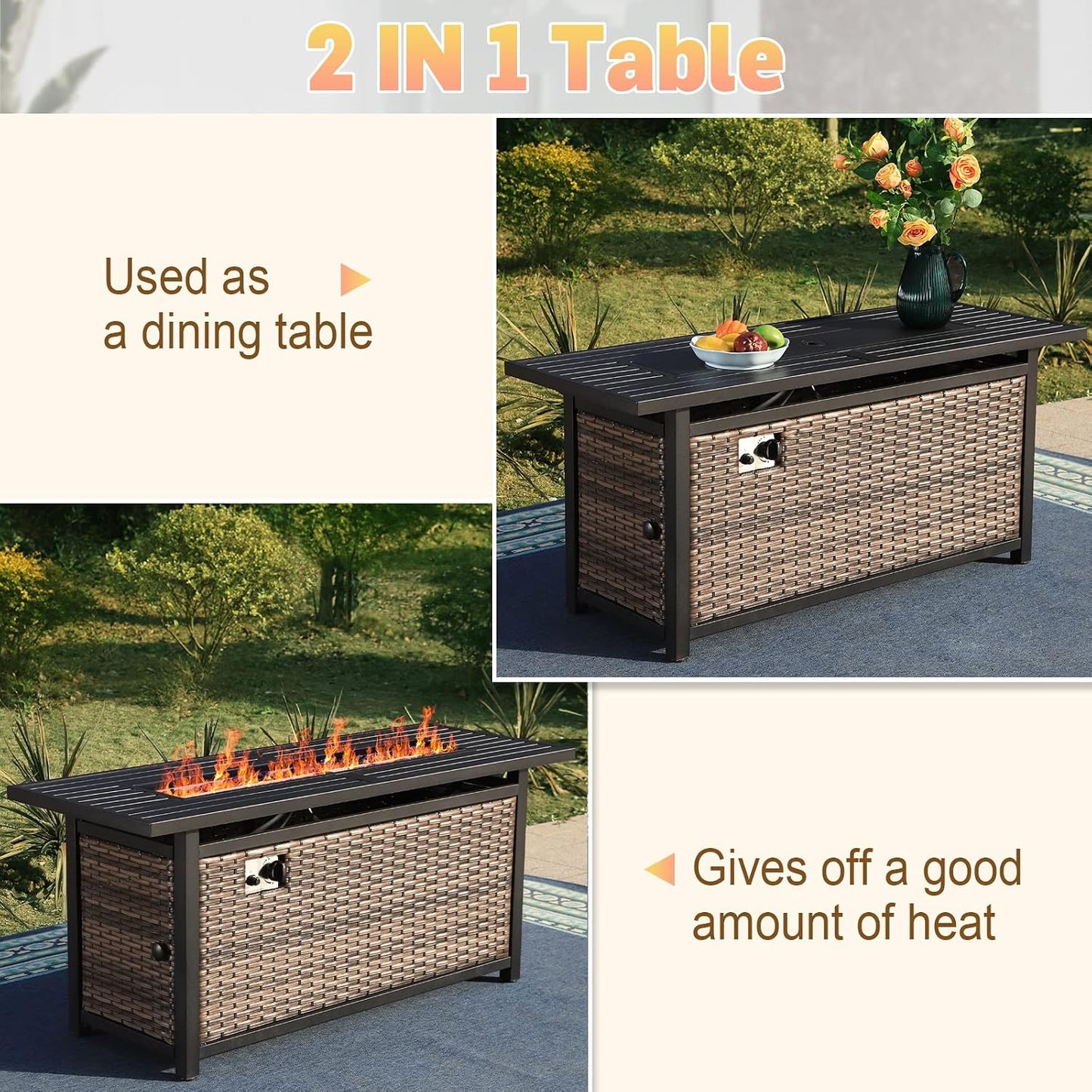 Sophia & William 56 Inch Gas Fire Pit Table,Rectangular Propane Fireplace | Outdoor Rattan Propane Fire Table with Fire Glass, Lid, 50,000 BTU Firepits for Outside Patio