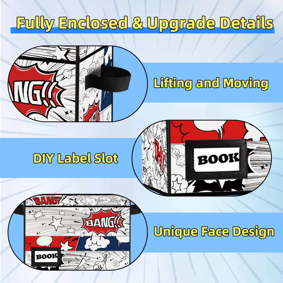 Comic Book Storage Box, 15.8" X 7.8" X 11.8", Heavy Duty Collapsible Holds 160-180 Comic Book Bin Container Holder Shelf (Cartoon Bombs)