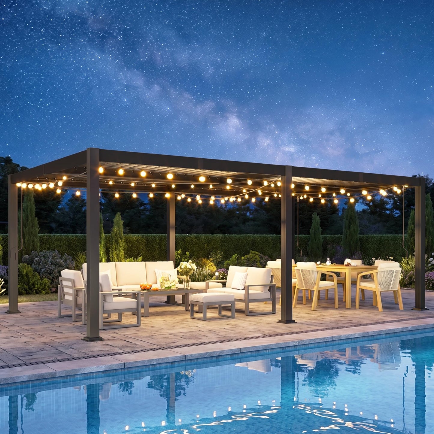 12' x 16' Pergola with Curtain & Adjustable Roof & Aluminum Frame for Patio | Louvered Pergola, Patio Pergola with Netting & Gutter System, Outdoor Pergola, Hardtop Gazebo for Deck, Yard, Dark Gray