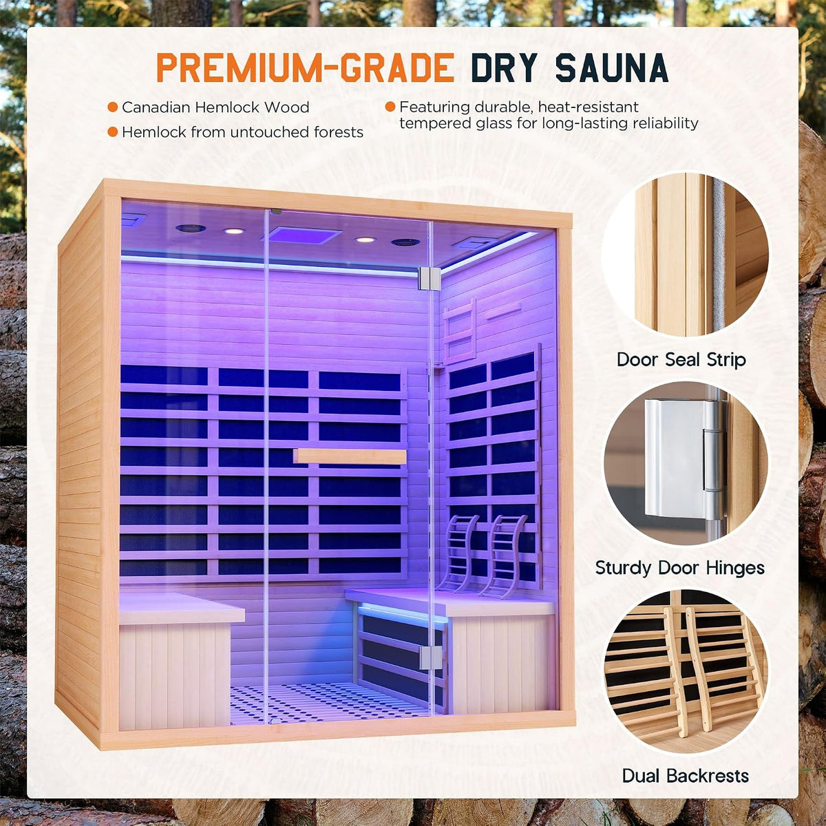 Albott 4 Person Infrared Sauna with 7-Color Light Therapy, Low EMF 2145W