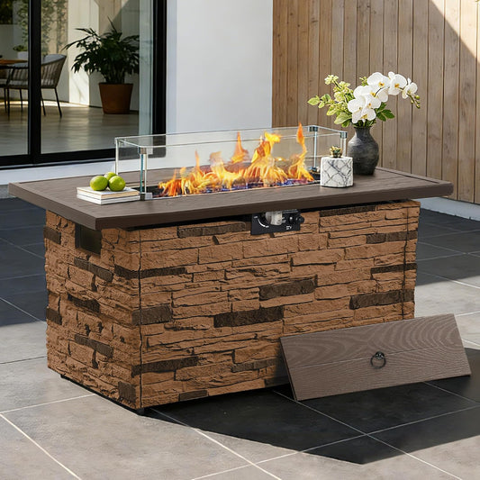 43 Inch Outdoor Firepit Table 50,000 BTU Propane Gas Fire Pit | Rectangle Stone Fire Table with Glass Wind Guard, Rain Cover, Fire Stones and Removable Lid, CSA Certified (Brown)