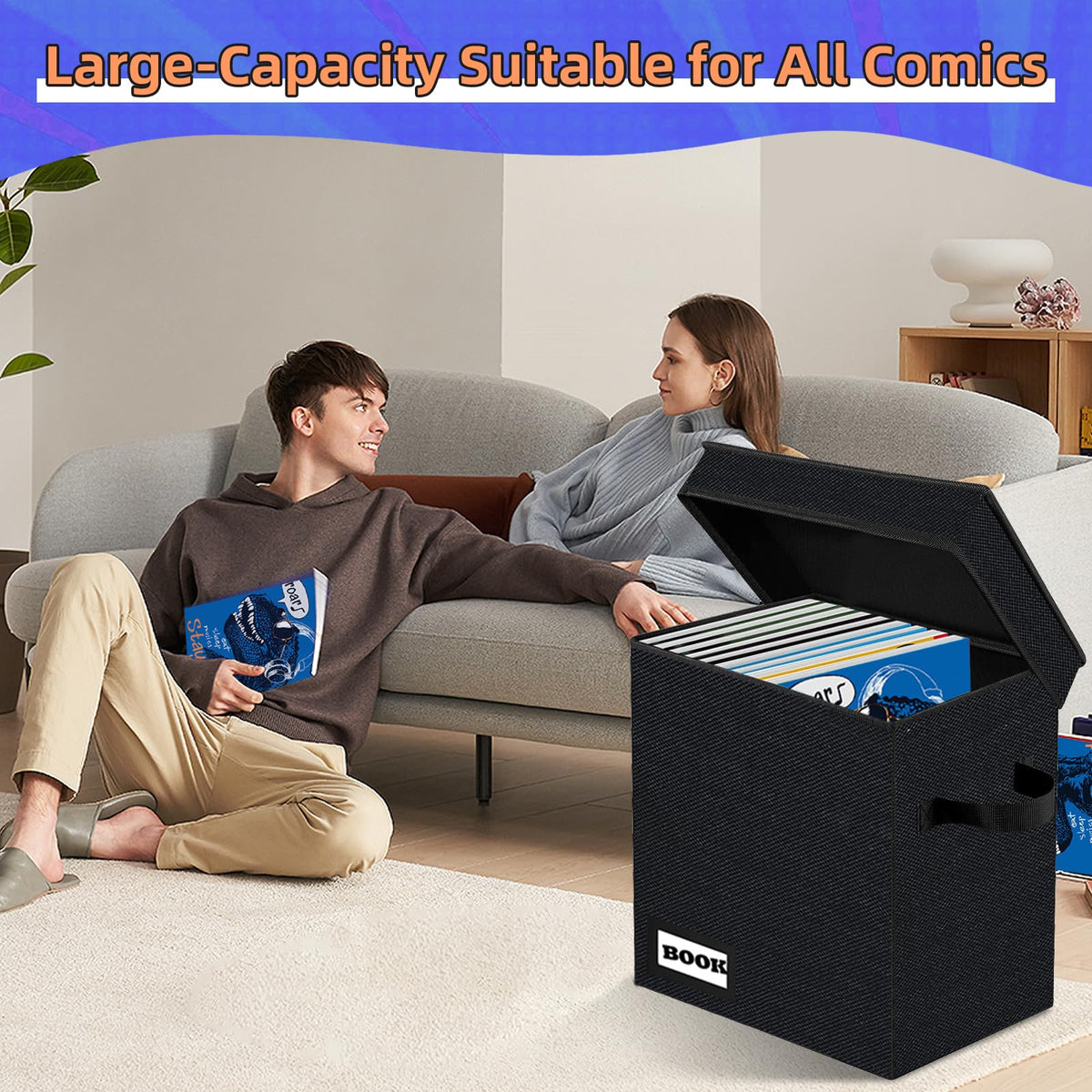 Comic Book Storage Box, 15.8" X 7.8" X 11.8", Heavy Duty Collapsible Holds 160-180 Comic Book Bin Container Holder Shelf (Cartoon Bombs)