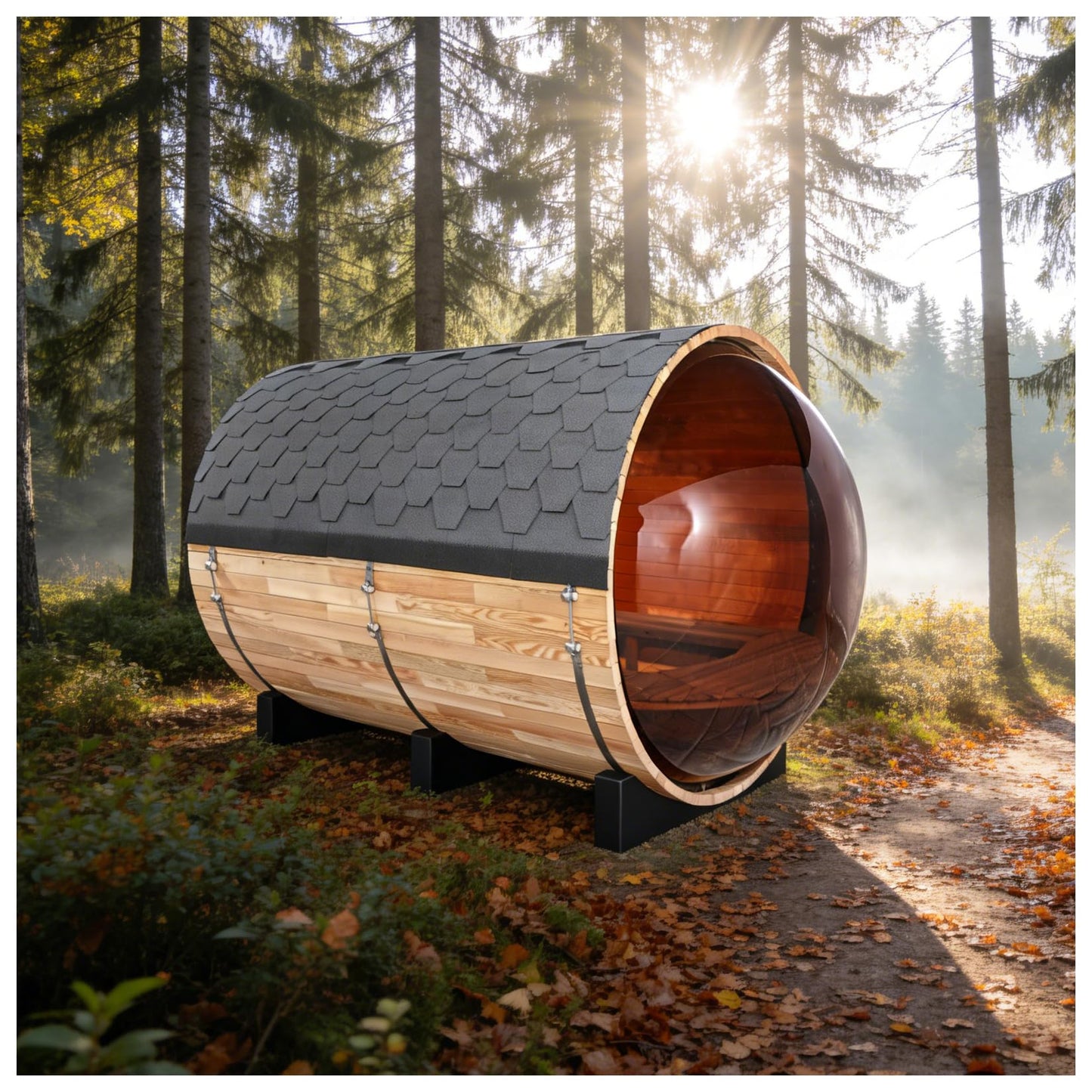 Outdoor Barrel Steam Sauna, 6-8 Person Canadian Hemlock Traditional Wooden Steam Saunas with 220V/6KW Toule Electric Stove, Tempered Glass Sauna Kits for Backyard & Garden (0-195℉)