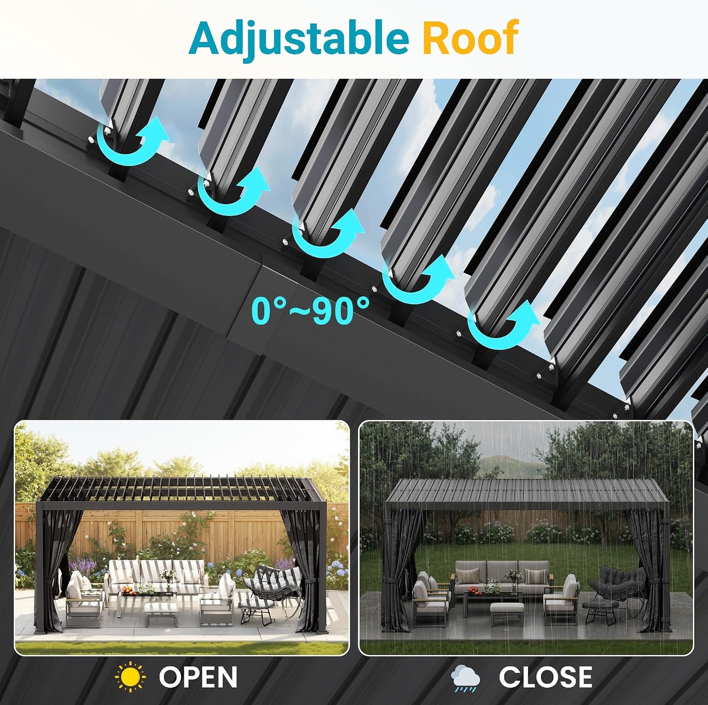 12' x 16' Pergola with Curtain & Adjustable Roof & Aluminum Frame for Patio | Louvered Pergola, Patio Pergola with Netting & Gutter System, Outdoor Pergola, Hardtop Gazebo for Deck, Yard, Dark Gray