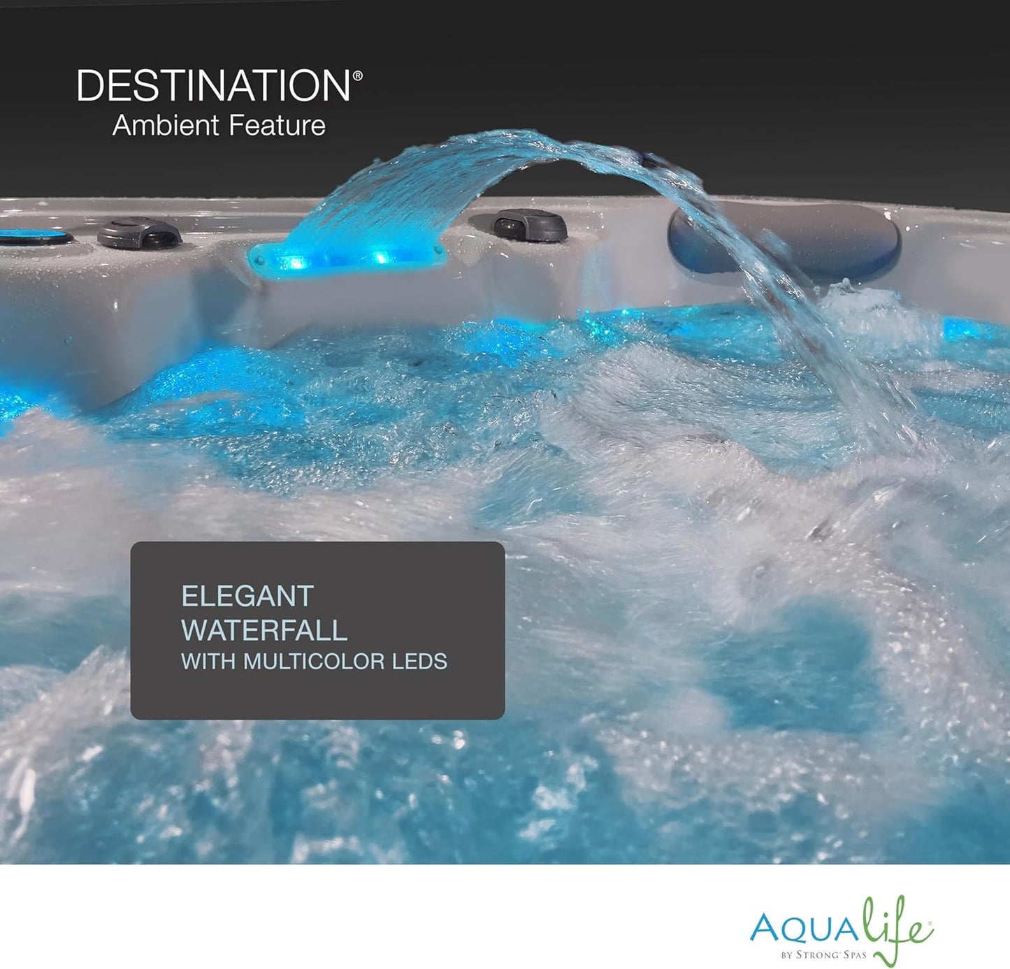 Destination Outdoor Hot Tub, 5-Person 59-Jet 80-Port 4-Pump Lounger Spa with Waterfall Arch and Bluetooth Stereo by Aqualife by Strong Spas