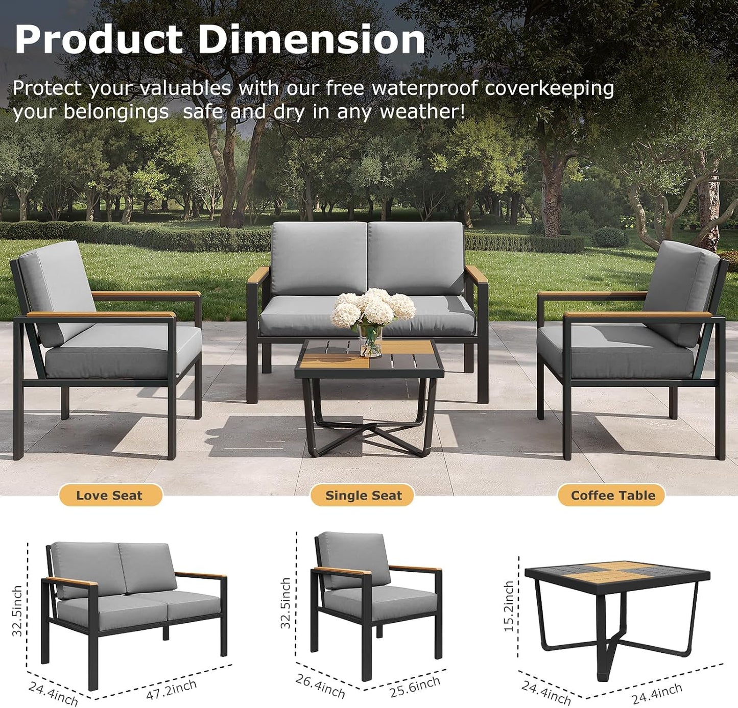 5-Piece Patio Furniture Set with 28” Propane Fire Pit Table, Heavy-Duty Metal Outdoor Conversation Set with Deep Cushions & Wood-Like Armrests for Patio, Porch, Backyard, Garden – Grey