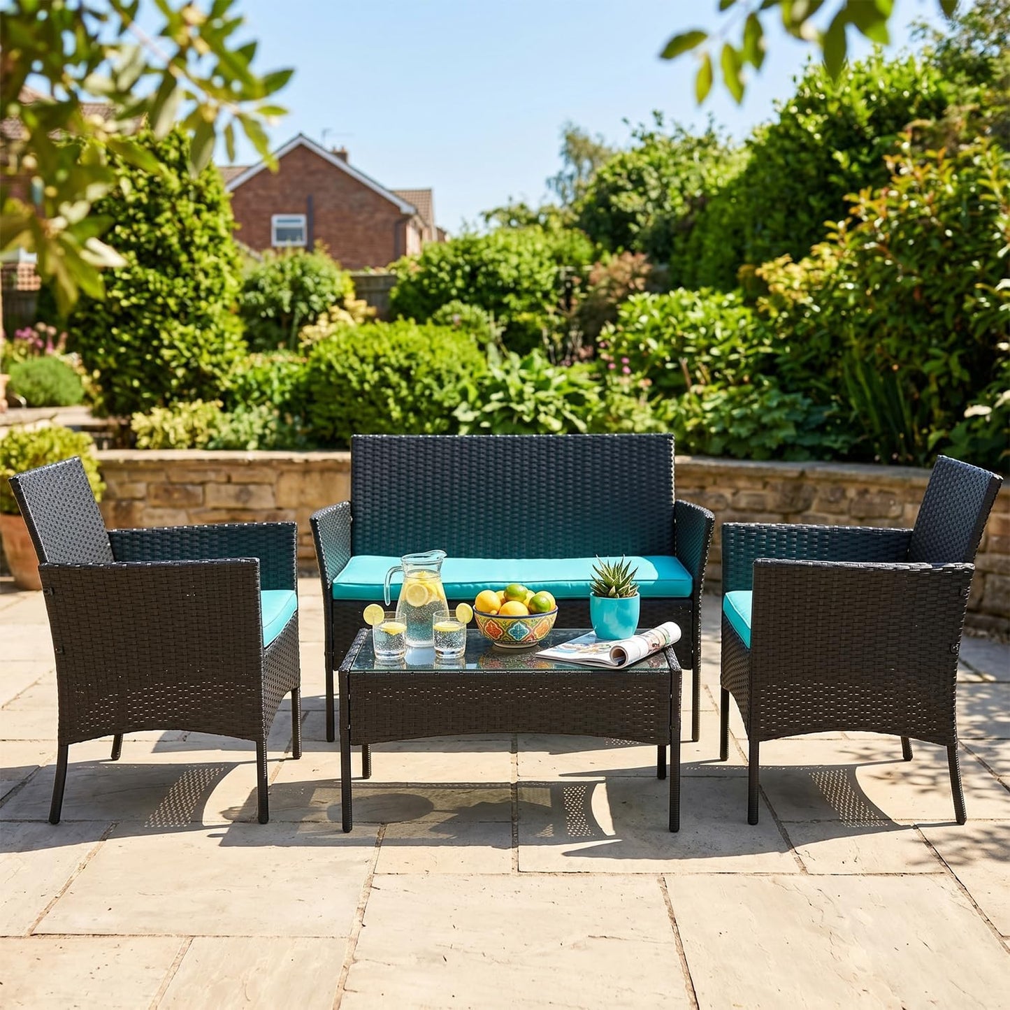 FDW 4-Piece Patio Furniture Set | Black | Outdoor Wicker Furniture | with Coffee Table | Modern Rattan Chairs Conversation Set | Outdoor Seating | Weather-Resistant | for Porch, Garden, Lawn