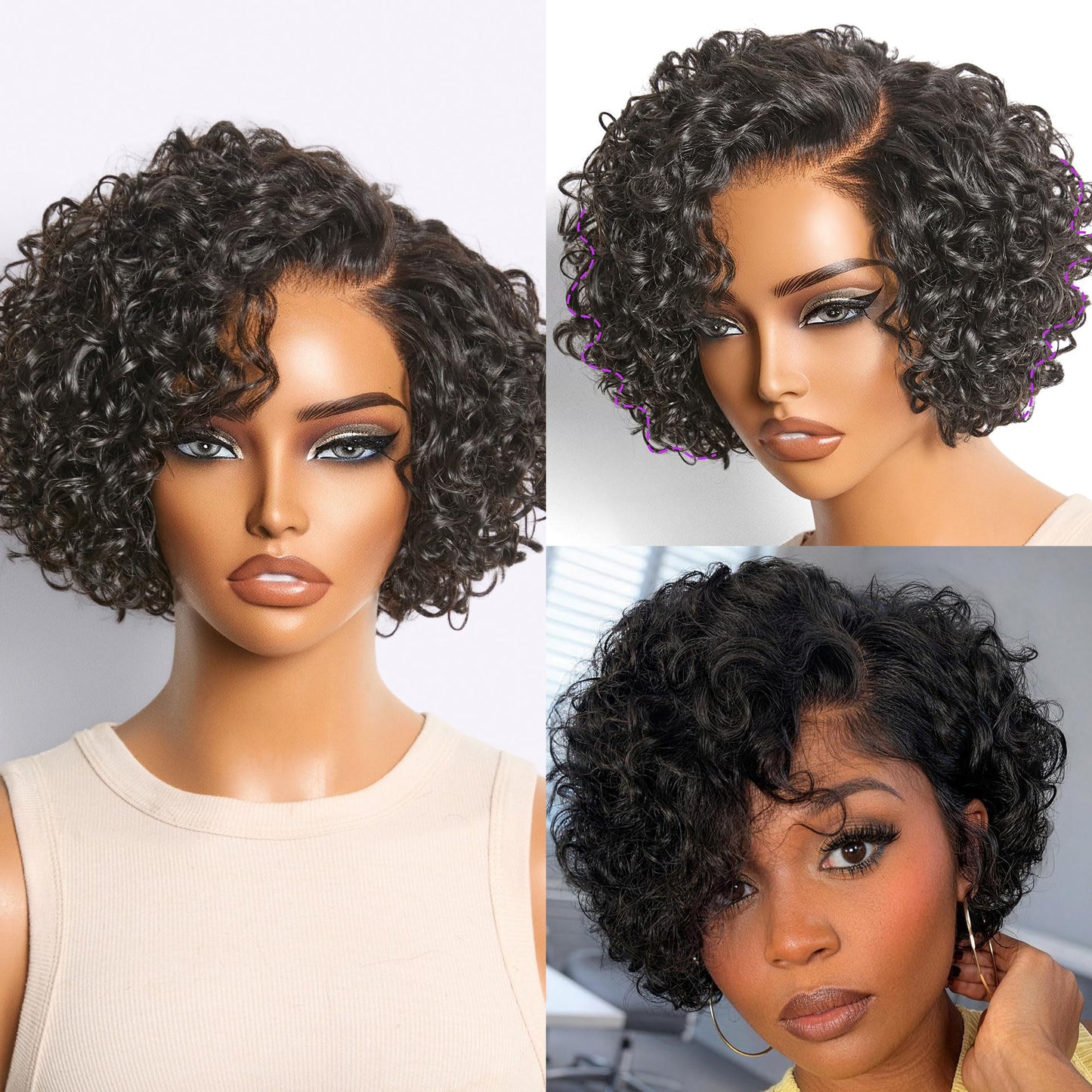 LUVME HAIR 12" Curly Bob Glueless with Blonde Highlights Wigs Human Hair | Without Spray Wigs Pre Plucked Pre Cut Undetectable HD Lace No-Glue Need Protective Wig Short Ready to Go Wig 180 Density