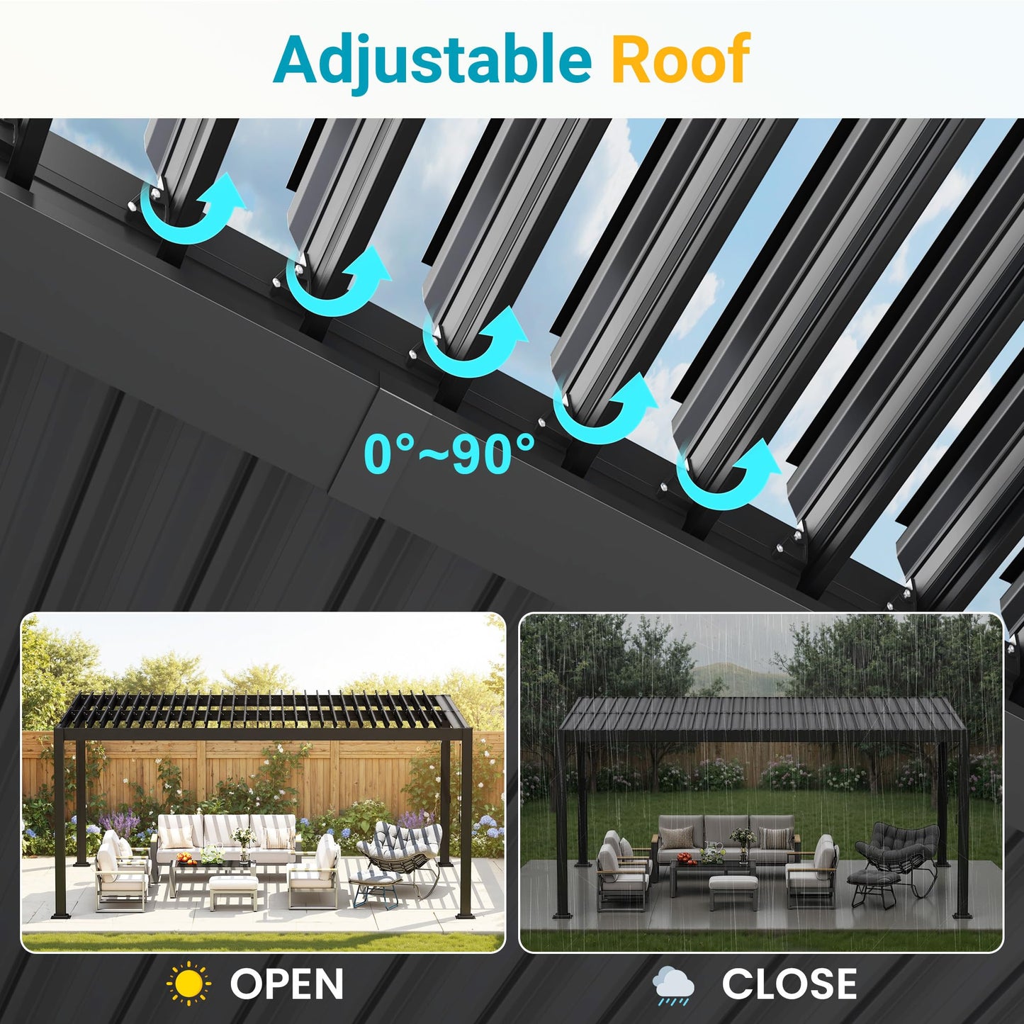 12' x 16' Pergola with Curtain & Adjustable Roof & Aluminum Frame for Patio | Louvered Pergola, Patio Pergola with Netting & Gutter System, Outdoor Pergola, Hardtop Gazebo for Deck, Yard, Dark Gray