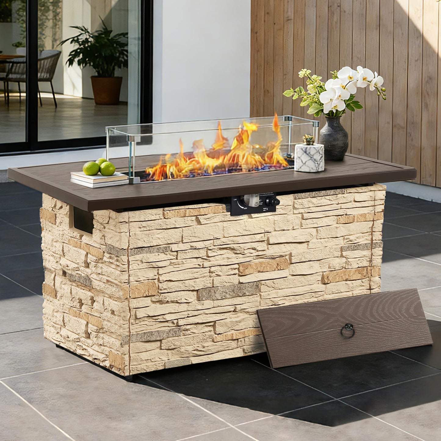 43 Inch Outdoor Firepit Table 50,000 BTU Propane Gas Fire Pit | Rectangle Stone Fire Table with Glass Wind Guard, Rain Cover, Fire Stones and Removable Lid, CSA Certified (Brown)
