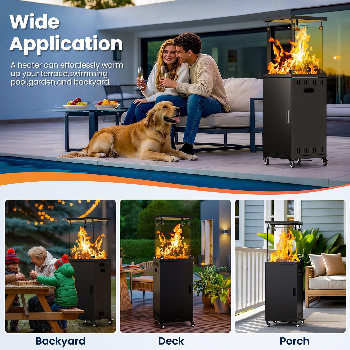 48,000 BTU Flame Pyramid Pool Heater With Cover, Triple Safety Protection Portable Patio Heater with Patio Cover, Warm Glass Tube with Durable Wheels-Black